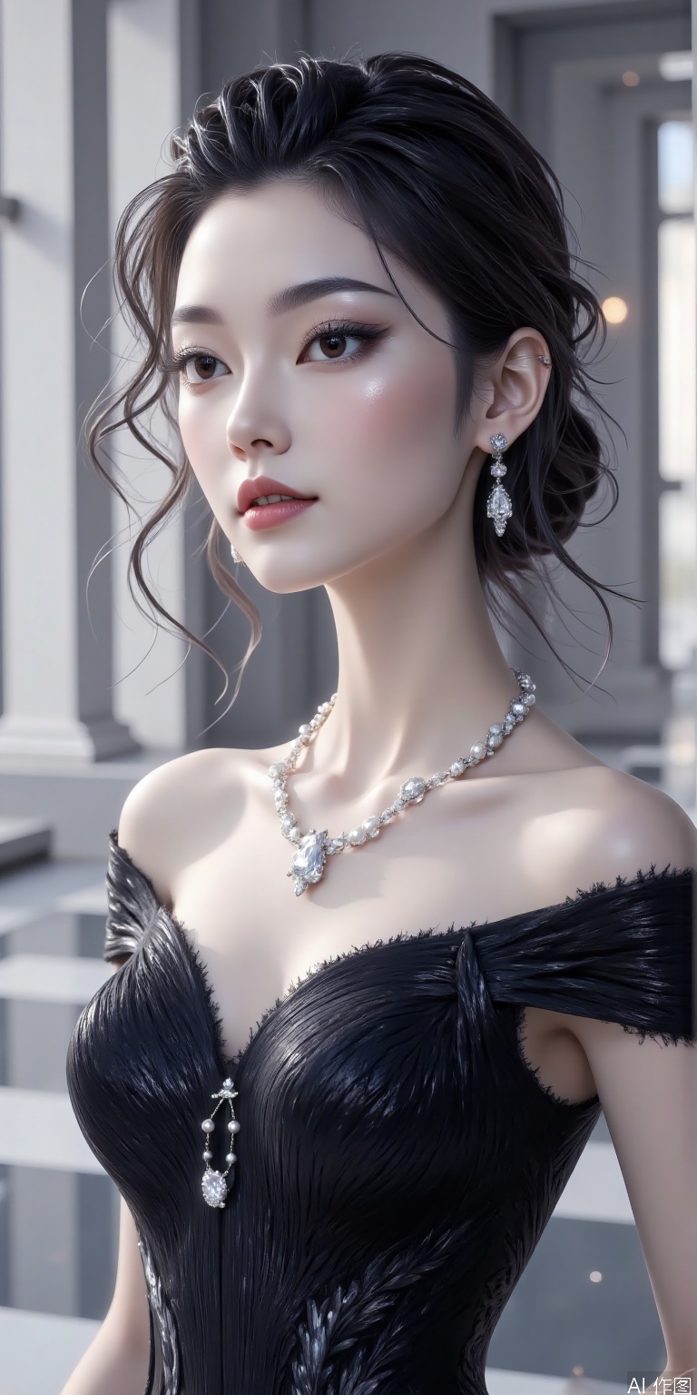 Asian models wore off-shoulder black evening dress and wore platinum necklace. The soft-light studio highlighted the luster of the collarbone and diamonds. The pearl earrings and necklace form a material contrast, and the mirror floor reflects the overall shape.