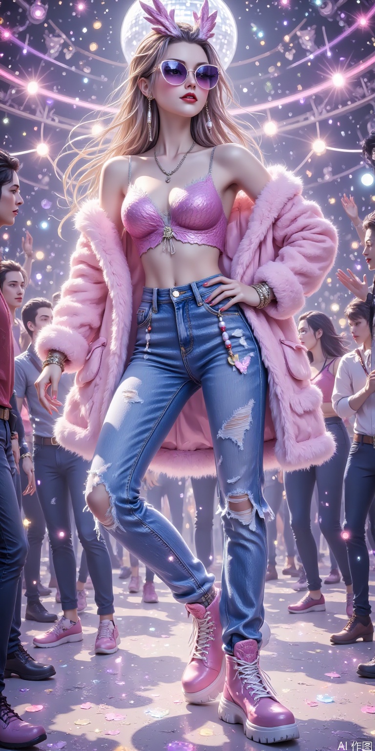 "The 2000s Y2K-style girl, wearing low-waist jeans and a navel-open top, paired with a pink fur coat and thick-soled sponge shoes, wearing butterfly-shaped sunglasses and beaded mobile phone chains. The background is a retro disco, with a flashing laser ball light, bright colors, slightly grainy film filters, illustration style, full of nostalgic millennial atmosphere."