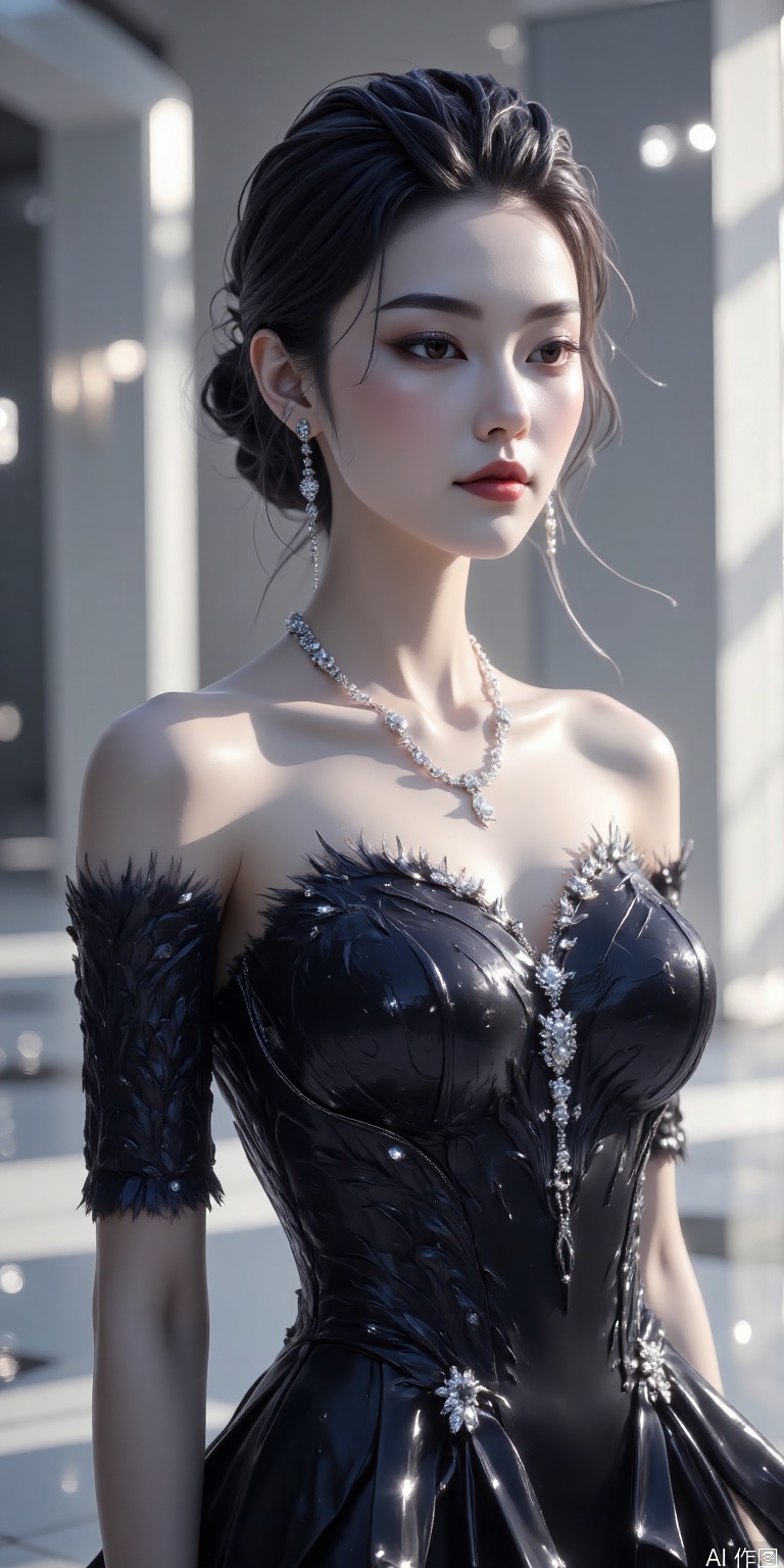 Asian models wore off-shoulder black evening dress and wore platinum necklace. The soft-light studio highlighted the luster of the collarbone and diamonds. The pearl earrings and necklace form a material contrast, and the mirror floor reflects the overall shape.