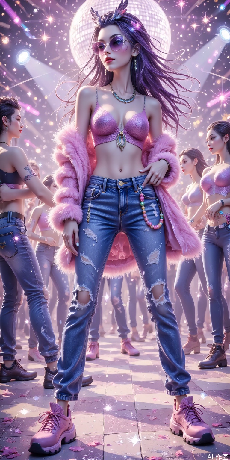 "The 2000s Y2K-style girl, wearing low-waist jeans and a navel-open top, paired with a pink fur coat and thick-soled sponge shoes, wearing butterfly-shaped sunglasses and beaded mobile phone chains. The background is a retro disco, with a flashing laser ball light, bright colors, slightly grainy film filters, illustration style, full of nostalgic millennial atmosphere."