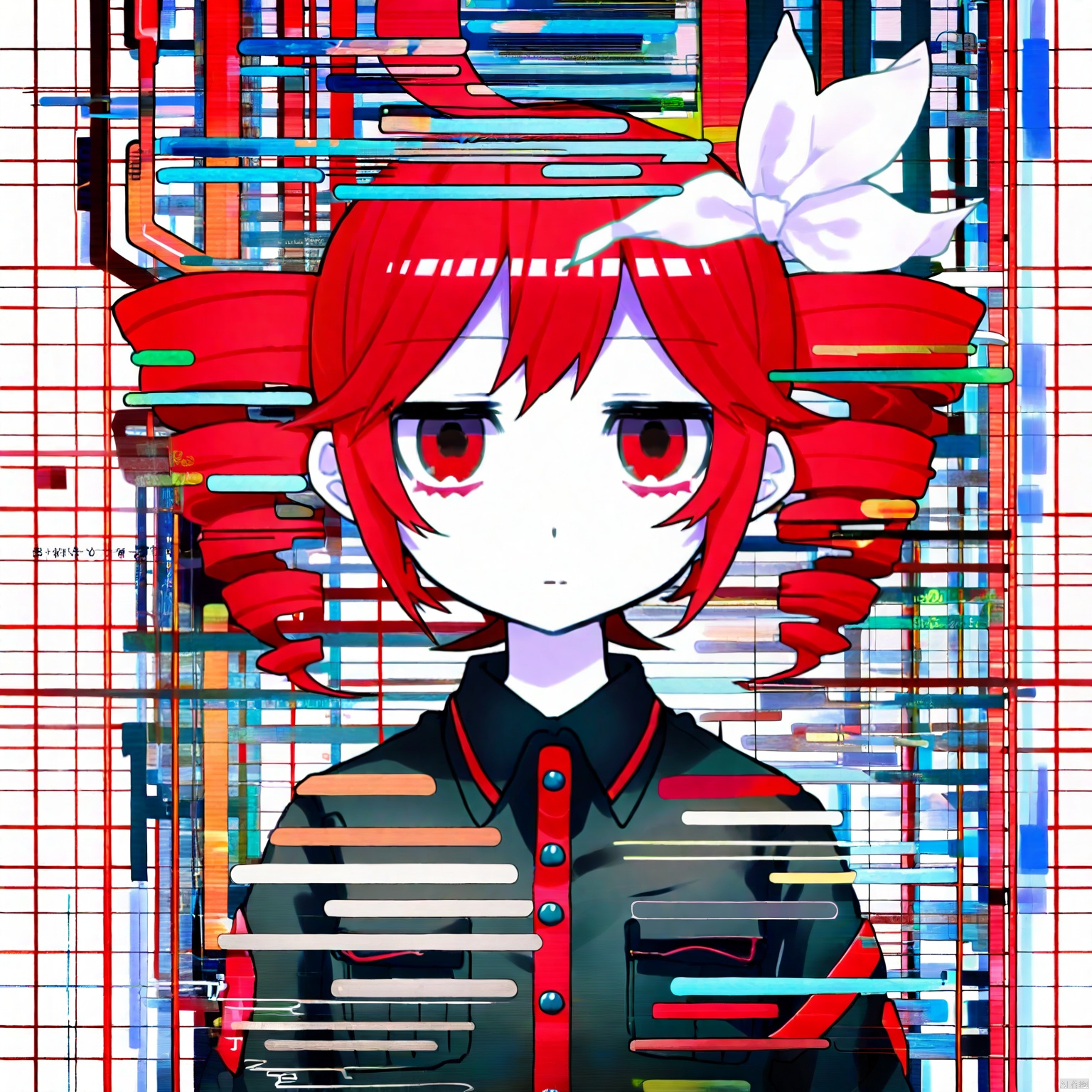 kasane teto, 1girl, straight-on, solo, twin drills, expressionless, red hair, drill hair, jitome, shirt, lyrics, red eyes, blank stare, ribbon, black shirt, grid lines, white background, closed mouth, collared shirt, abstract, deformed
