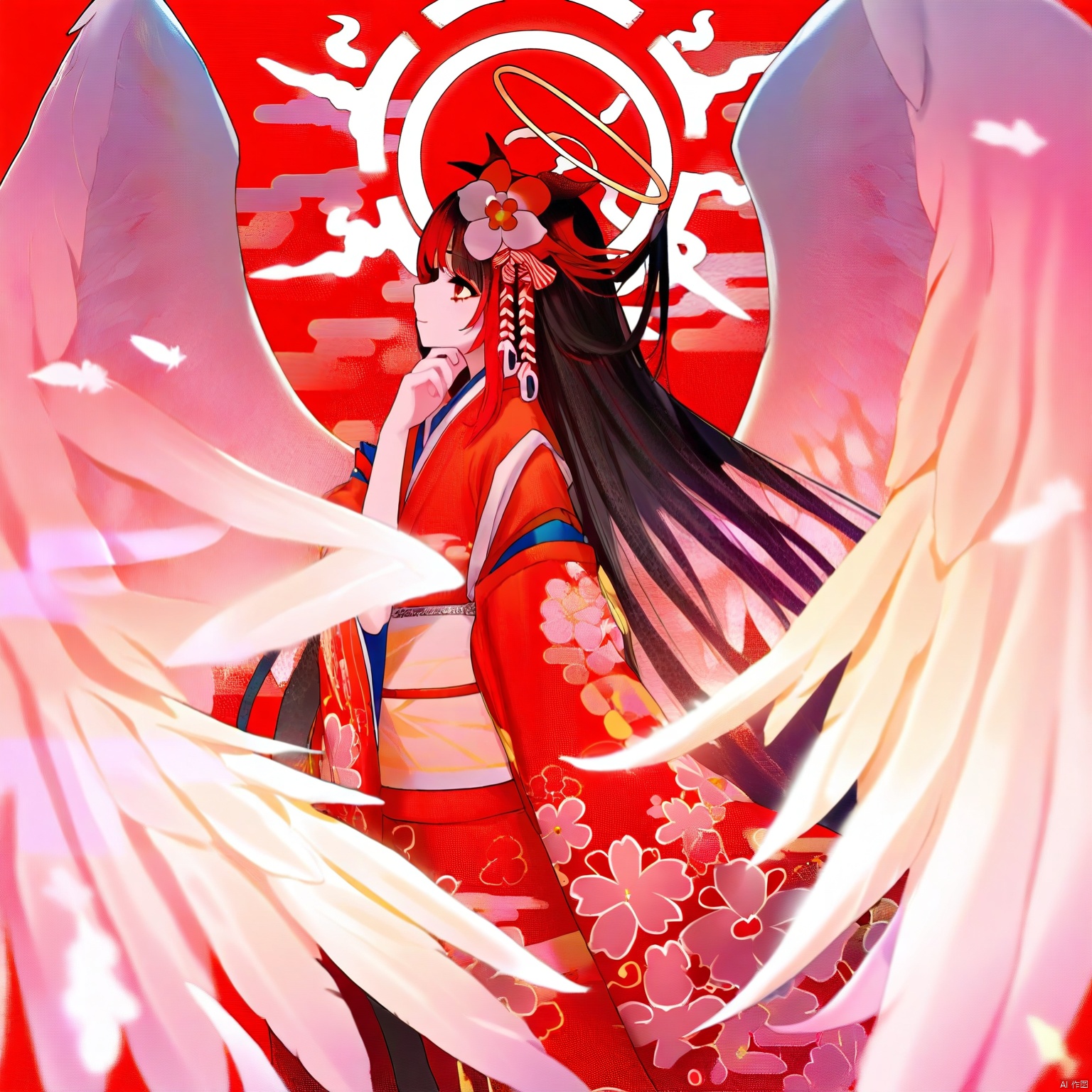 qzsx, 1girl, solo, wings, halo, red theme, japanese clothes, angel, kimono, angel wings, black hair, long hair, red background, hair ornament, bangs, feathered wings, floral print
