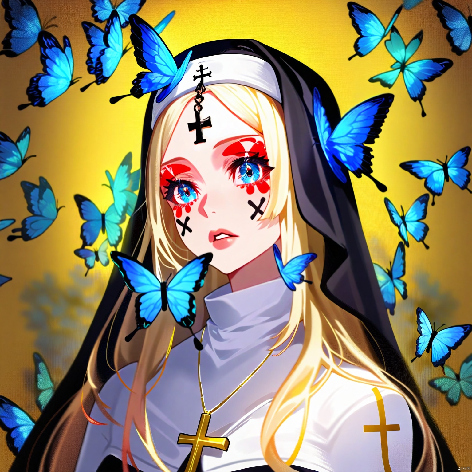 qzsx, 1girl, solo, nun, blue eyes, bug, butterfly, cross, necklace, jewelry, parted lips, long hair, blue butterfly, habit, looking at viewer, portrait, blonde hair, lips, yellow background, facial mark, cross necklace
