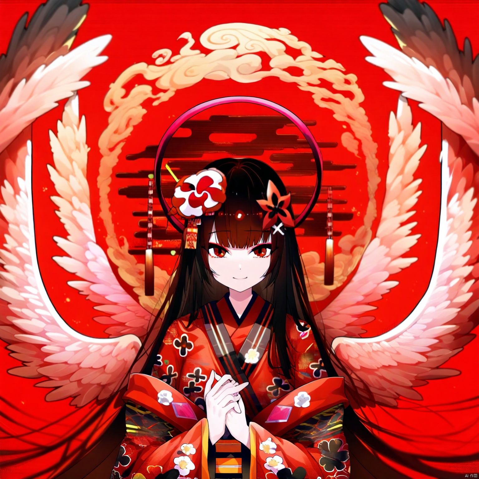 qzsx, 1girl, solo, wings, halo, red theme, japanese clothes, angel, kimono, angel wings, black hair, long hair, red background, hair ornament, bangs, feathered wings, floral print
