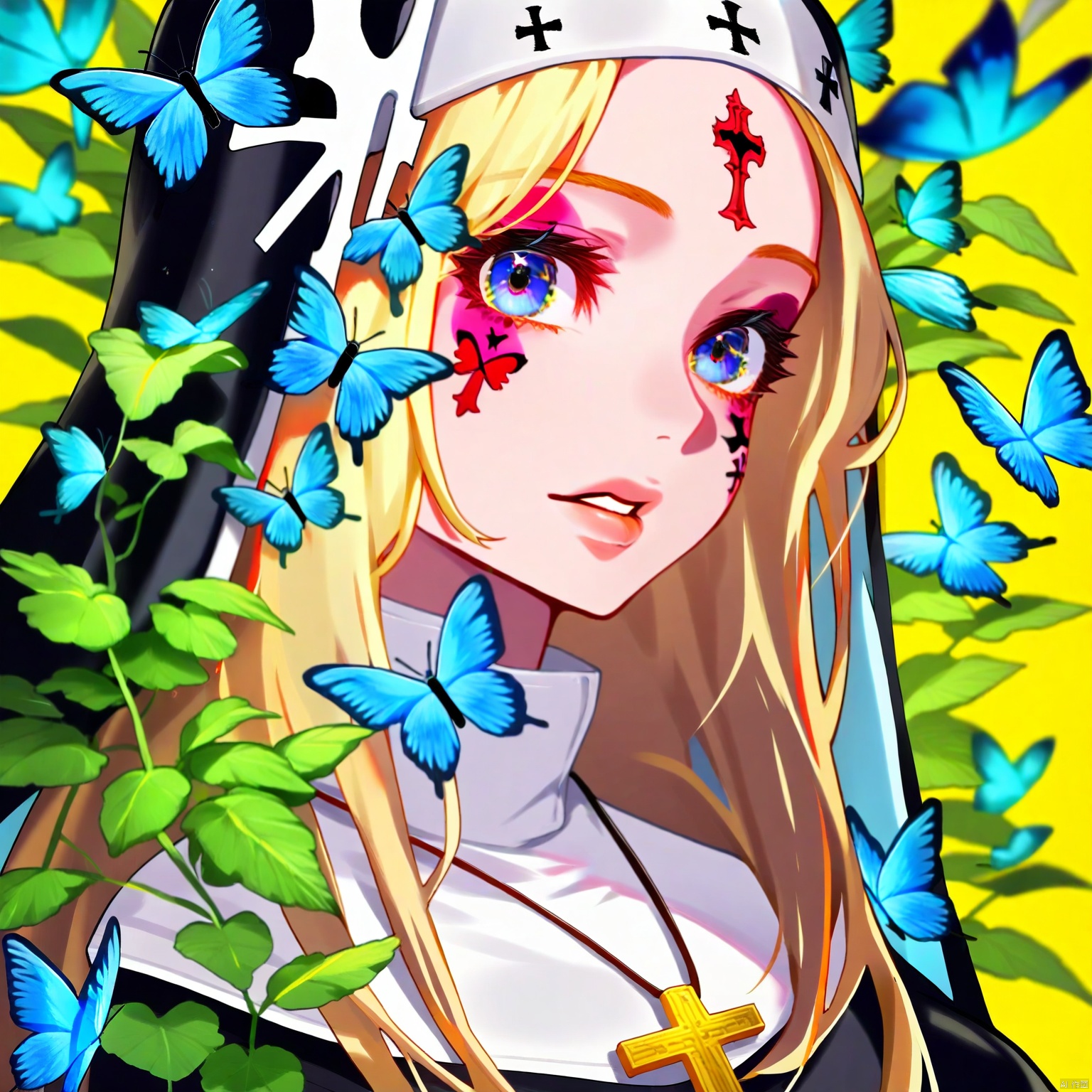 qzsx, 1girl, solo, nun, blue eyes, bug, butterfly, cross, necklace, jewelry, parted lips, long hair, blue butterfly, habit, looking at viewer, portrait, blonde hair, lips, yellow background, facial mark, cross necklace

