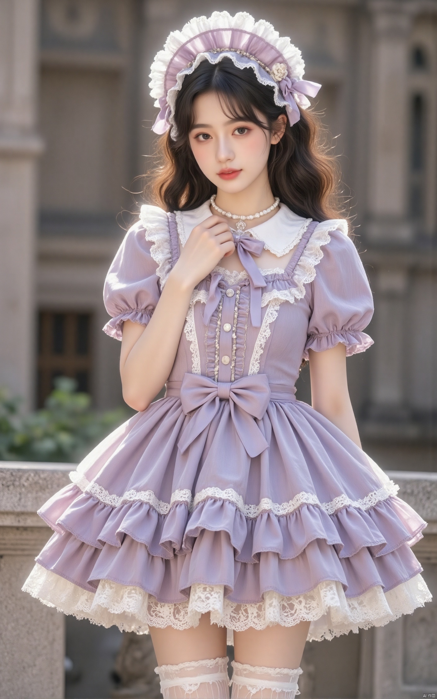 1girl, solo, long hair, black hair, half body,thighhighs, purple dress, jewelry, short sleeves, frills, puffy sleeves, necklace, blurry, lolita fashion, realistic,lolita