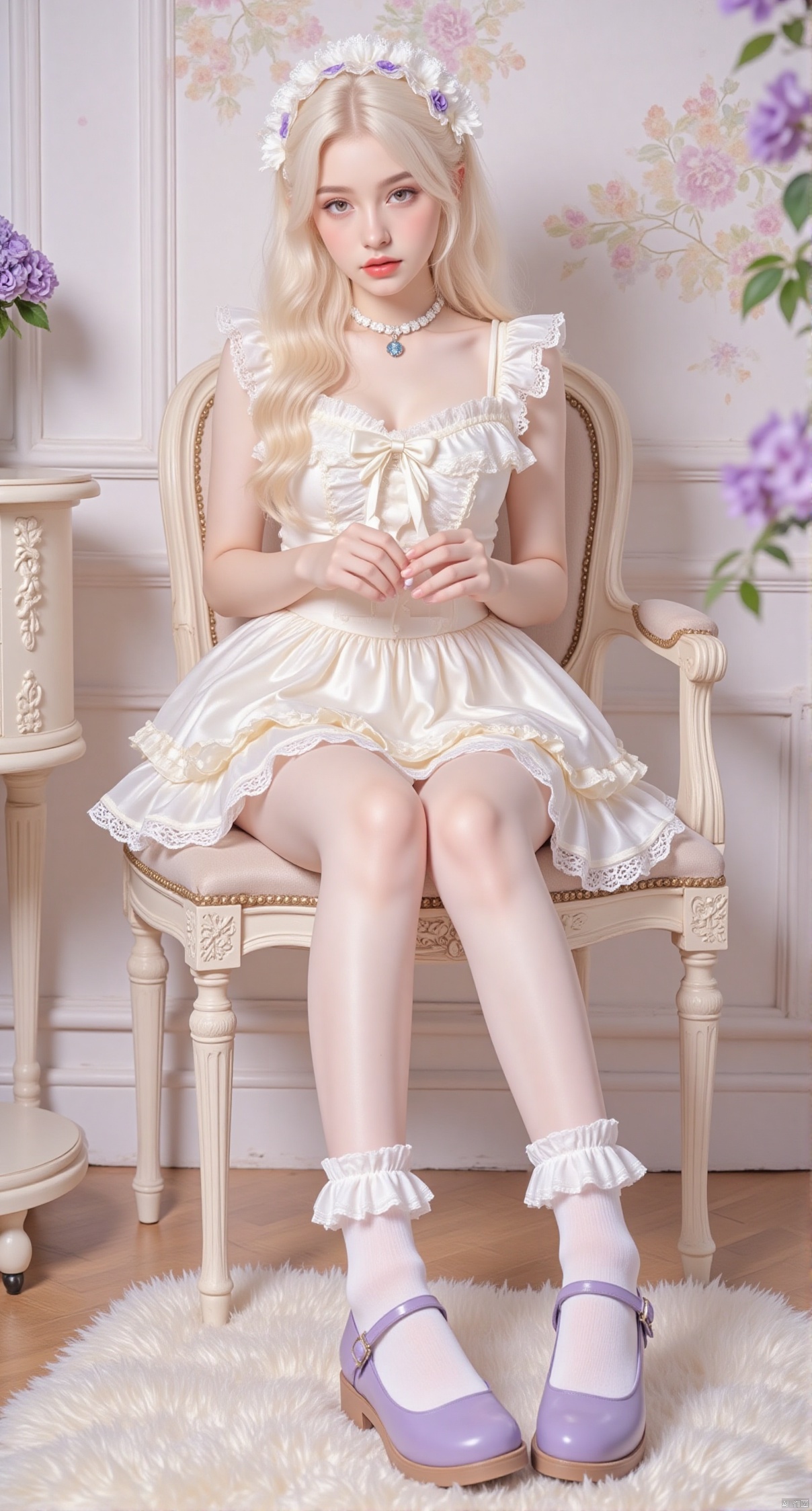 lolita,1girl,solo,half body,Necklace, indoor, flowers,purple lolita,white hair,sitting,long legs,White socks, Mary Jane shoes,Miniskirts, panties
