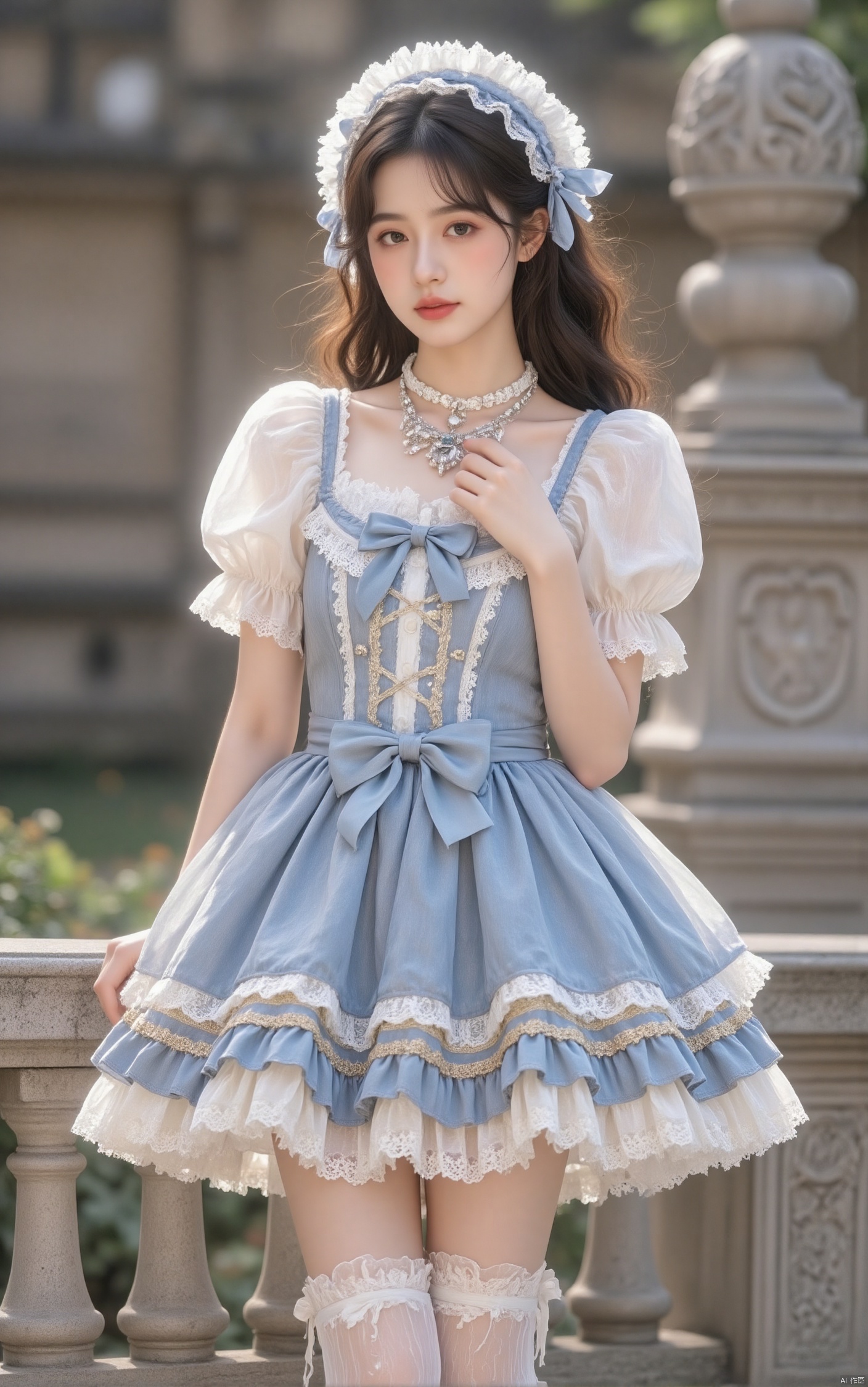 1girl, solo, long hair, black hair, thighhighs, blue dress, jewelry, short sleeves, frills, puffy sleeves, necklace, blurry, lolita fashion, realistic,lolita