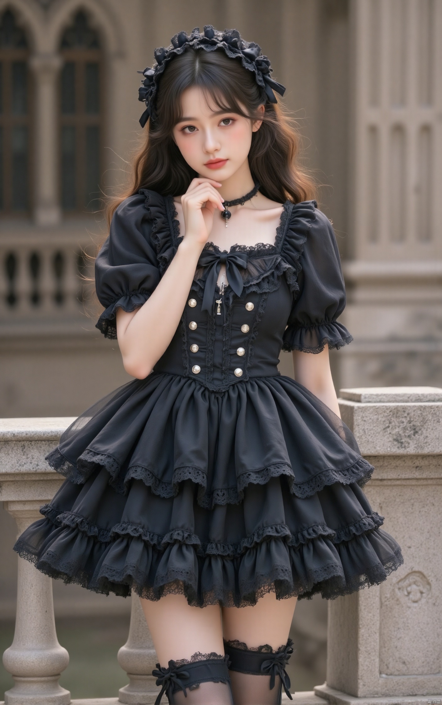 1girl, solo, long hair, black hair, half body,thighhighs, black dress, jewelry, short sleeves, frills, puffy sleeves, necklace, blurry, lolita fashion, realistic,lolita