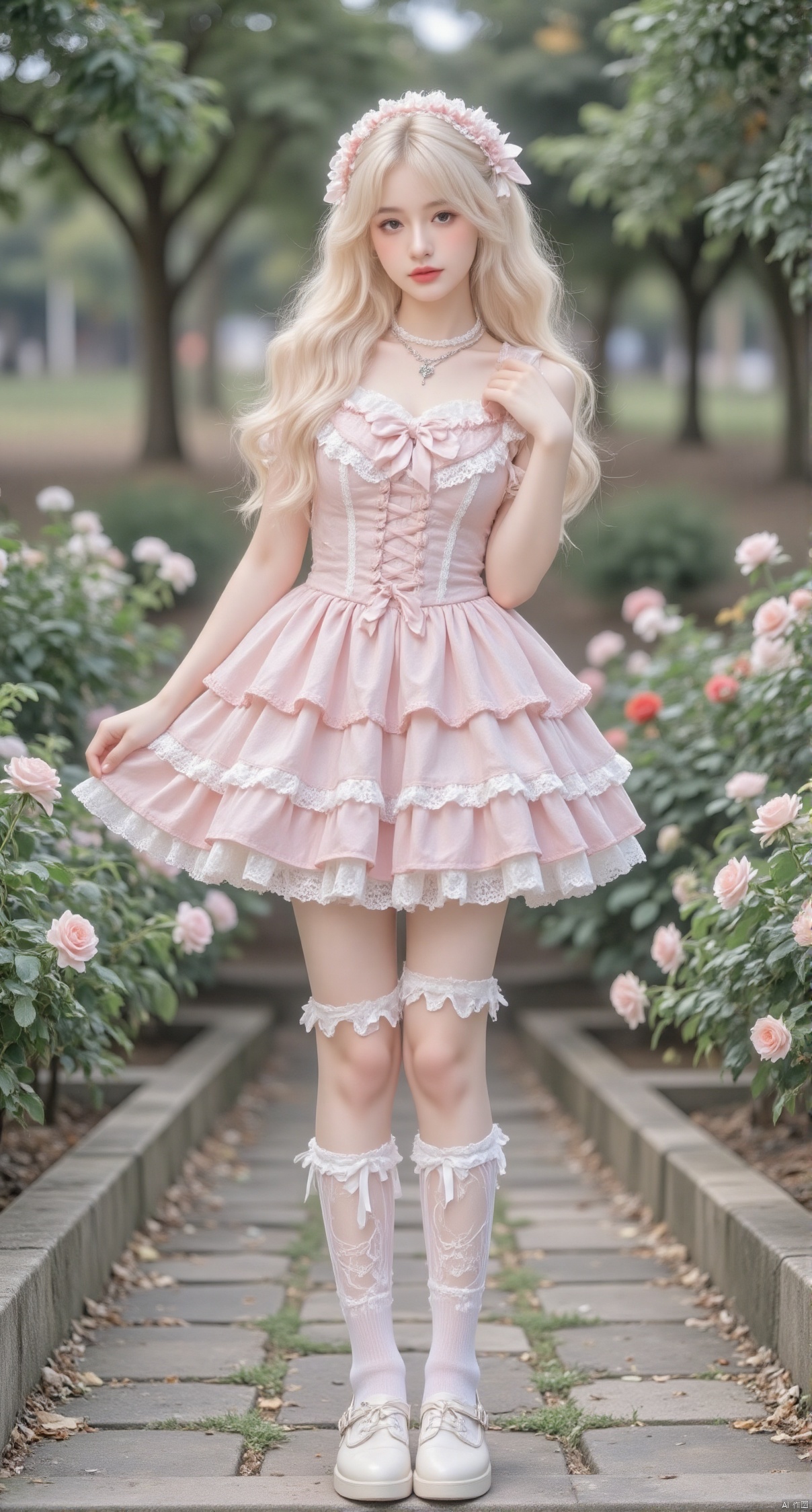 lolita,1girl,solo,half body,Necklace, outdoor, flowers,pink lolita,white hair,standing ,long legs,White short socks, white Mary Jane shoes,Miniskirts,long legs,long legs,Bare leg,Bare thighs, ultra-short Lolita,Bare leg