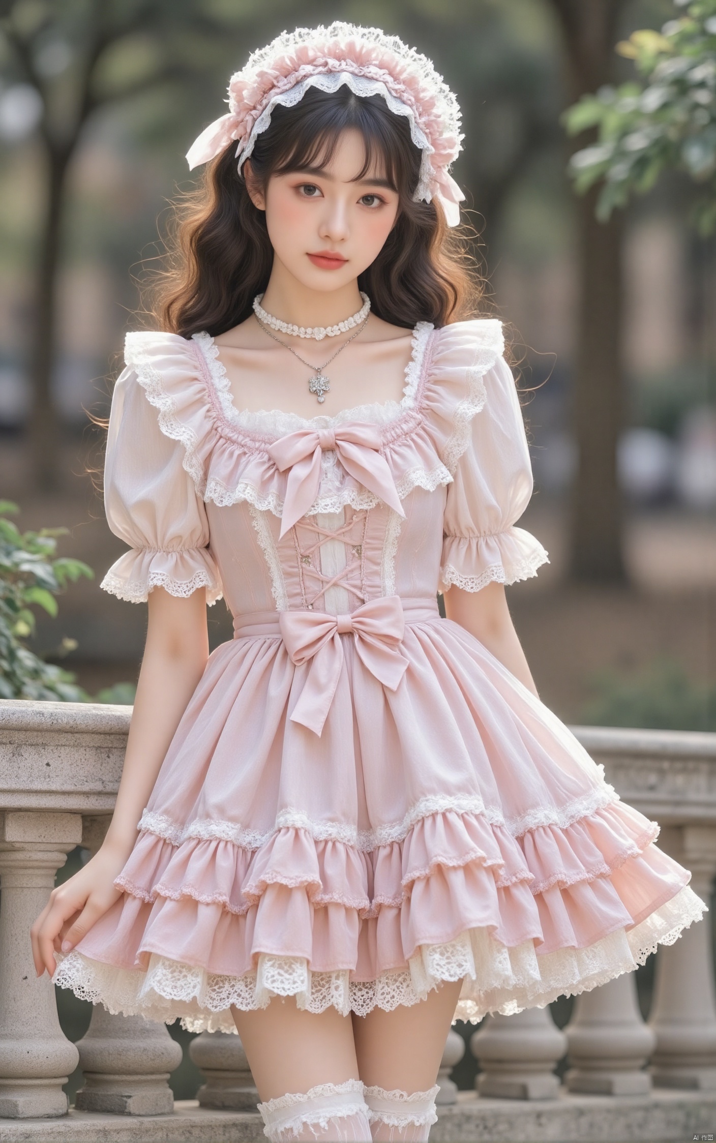 1girl, solo, long hair, black hair, half body,thighhighs, pink dress, jewelry, short sleeves, frills, puffy sleeves, necklace, blurry, lolita fashion, realistic,lolita
