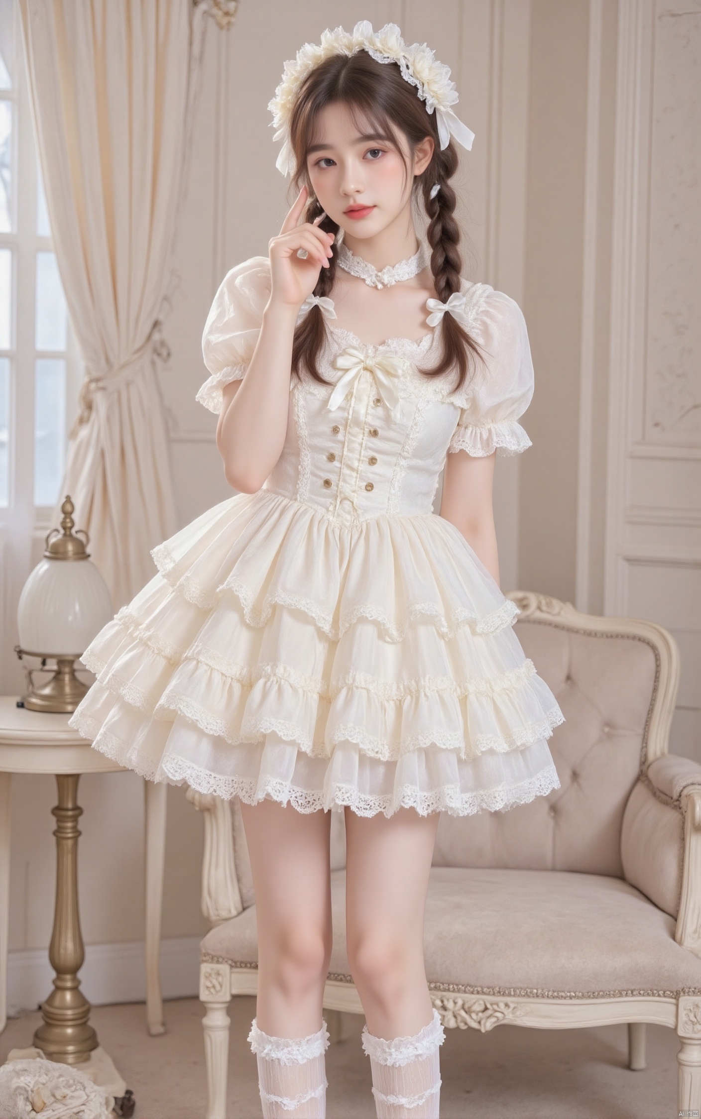 1girl, solo, long hair, bangs, brown hair, black hair, hair ornament, dress, bow, ribbon, brown eyes, standing, braid, flower, short sleeves, hair bow, frills, choker, socks, puffy sleeves, indoors, hand up, hair flower, white dress, twin braids, puffy short sleeves, pillow, book, kneehighs, window, feet out of frame, curtains, white socks, realistic, lamp, white choker