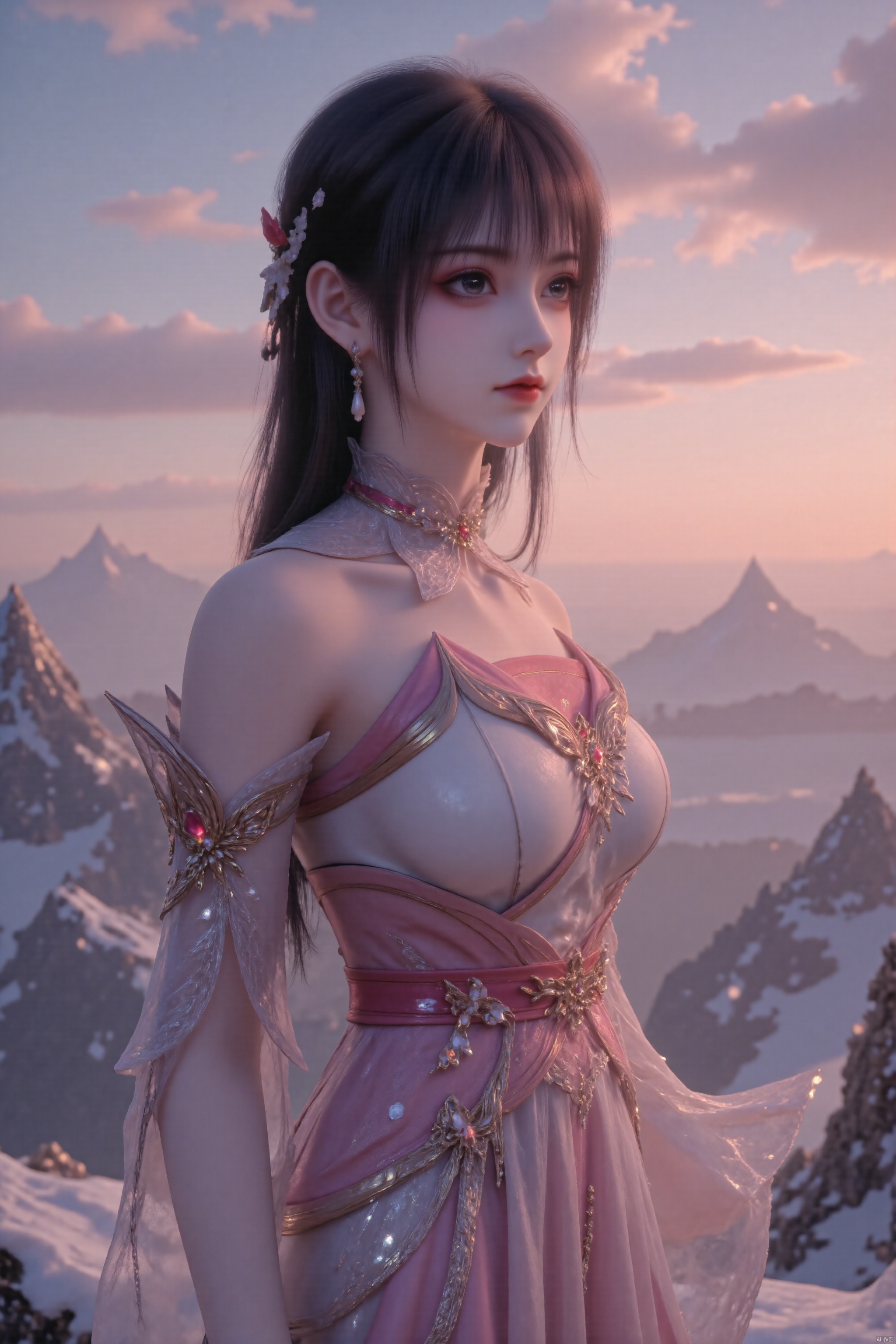 Close-up shot of a young girl standing at the summit of a majestic mountain, her slender figure encased in a delicate dress crafted from gleaming ice. The pre-dawn sky behind her is a kaleidoscope of pinks and oranges, with the sun slowly rising above the horizon. The girl's gaze is fixed on the breathtaking vista, her expression serene as she basks in the glory of the new day. 