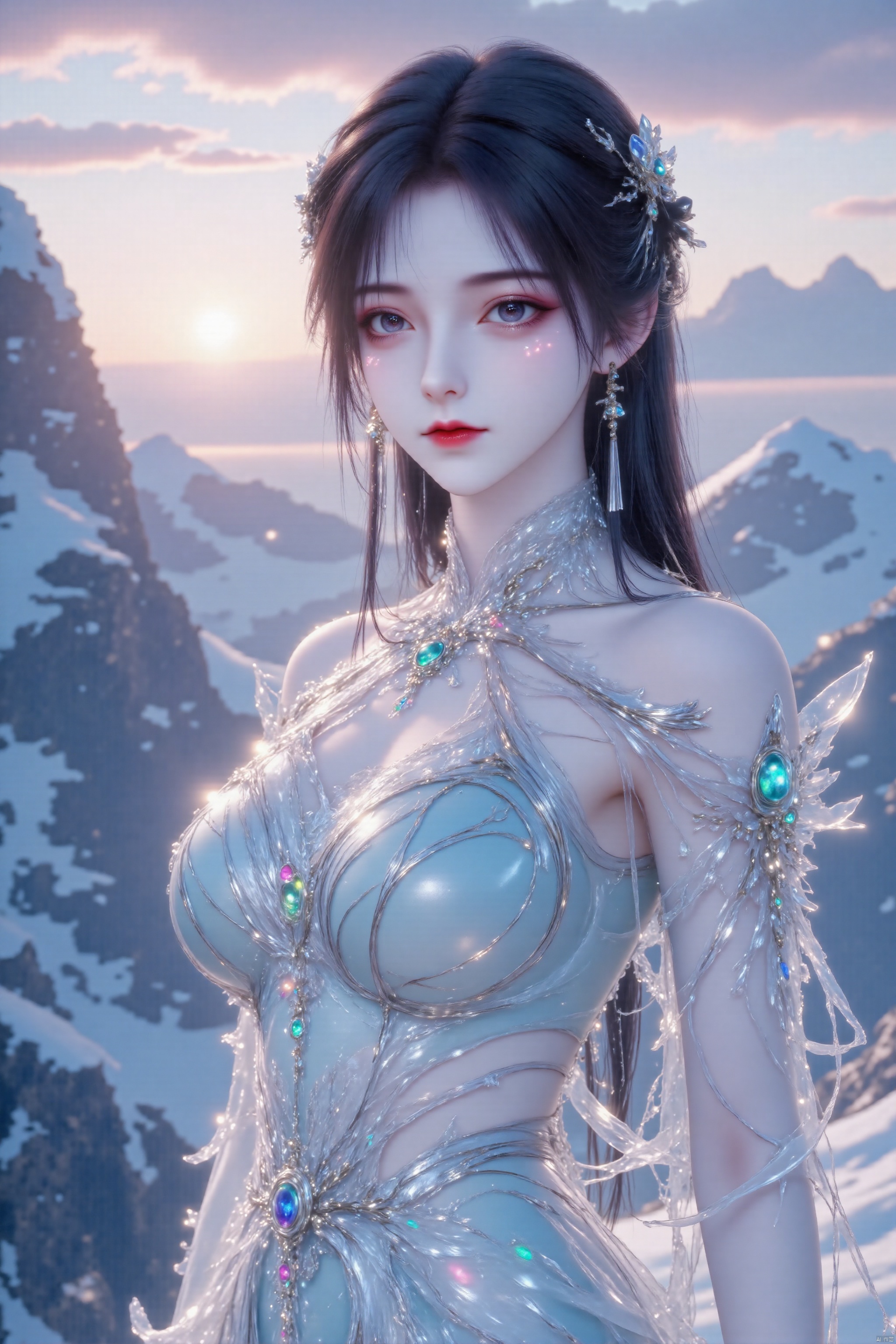 Close-up shot of a young girl standing at the summit of a majestic mountain, her slender figure encased in a delicate dress crafted from gleaming ice. The pre-dawn sky behind her is a kaleidoscope of pinks and oranges, with the sun slowly rising above the horizon. The girl's gaze is fixed on the breathtaking vista, her expression serene as she basks in the glory of the new day. 
