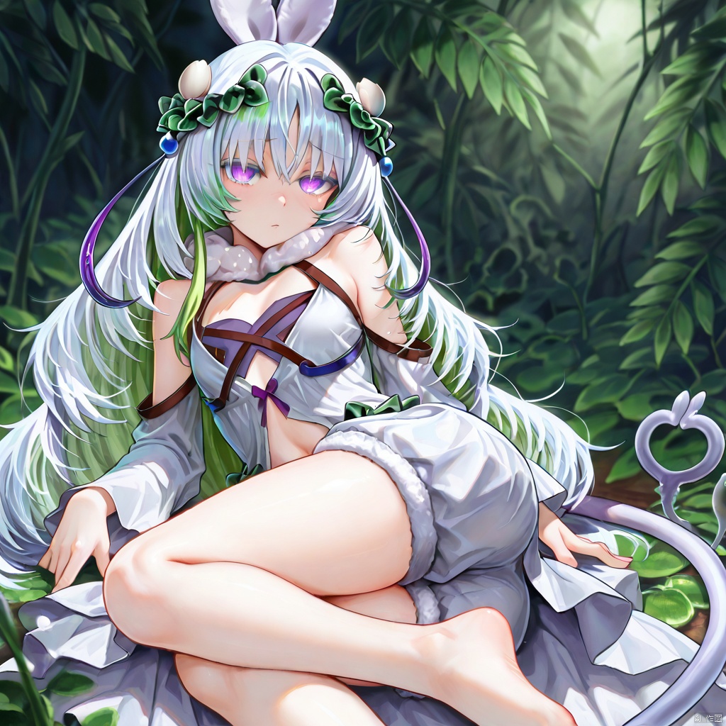 masterpiece, best quality, high quality, Traptrix Cularia \(ygo\), 1girl, solo, long hair, hair ornament, dress, purple eyes, white hair, green hair, multicolored hair, barefoot,