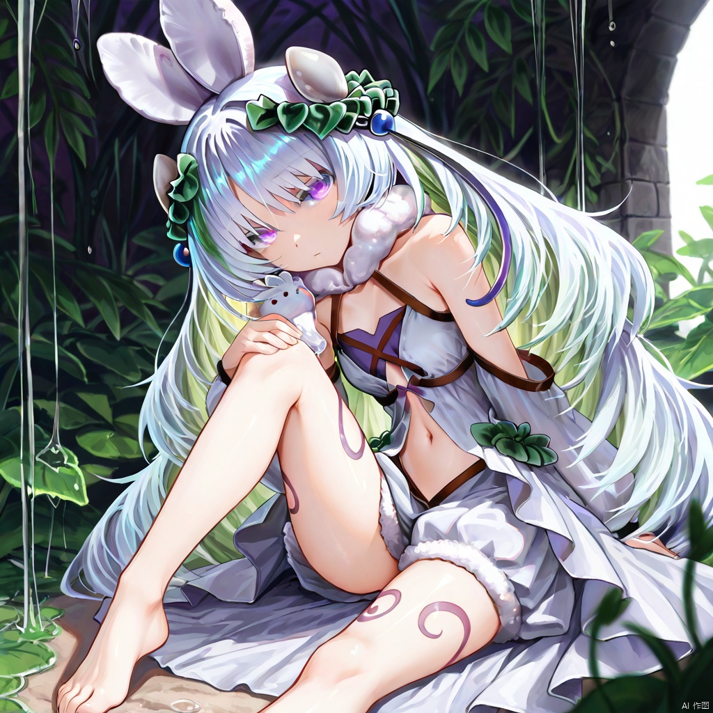 masterpiece, best quality, high quality, Traptrix Cularia \(ygo\), 1girl, solo, long hair, looking at viewer, hair ornament, dress, navel, animal ears, sitting, purple eyes, white hair, green hair, multicolored hair, barefoot,