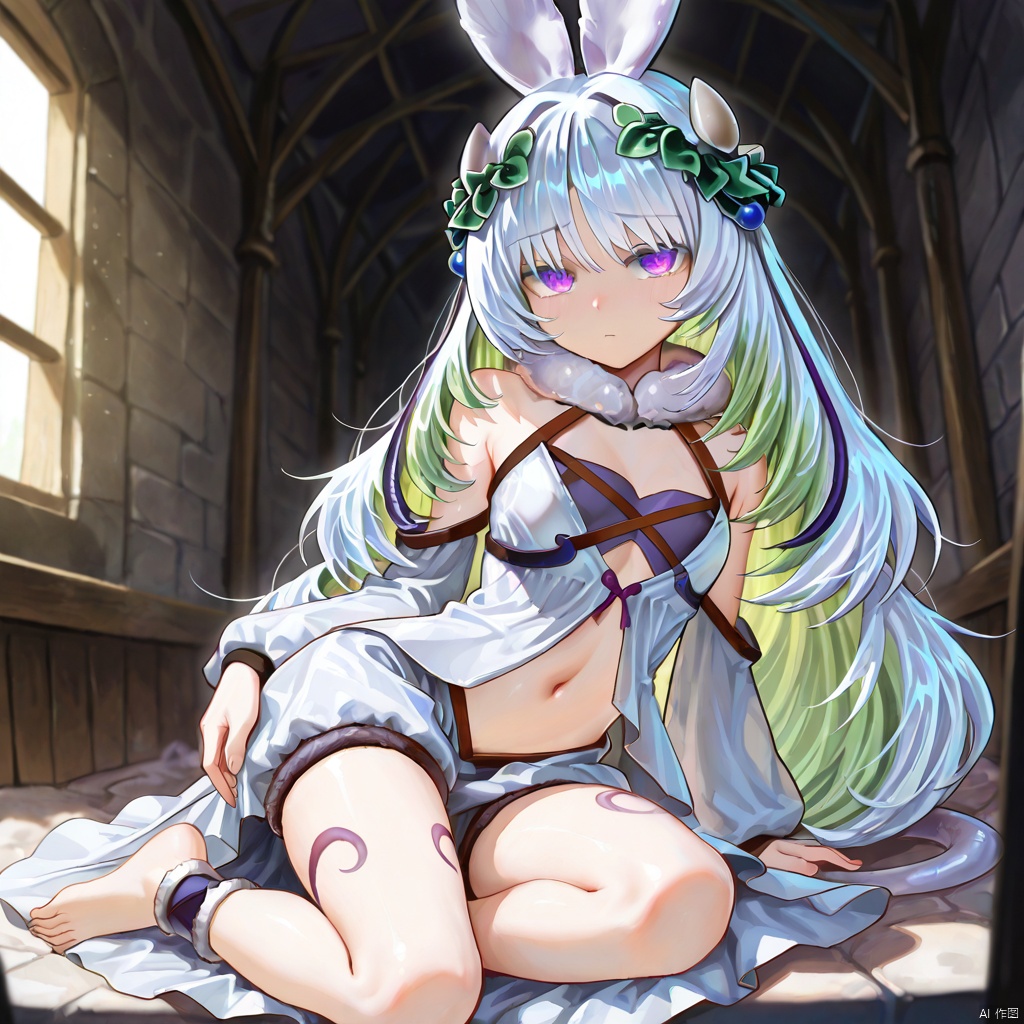 masterpiece, best quality, high quality, Traptrix Cularia \(ygo\), 1girl, solo, long hair, looking at viewer, hair ornament, dress, navel, animal ears, purple eyes, white hair, green hair, multicolored hair, barefoot,