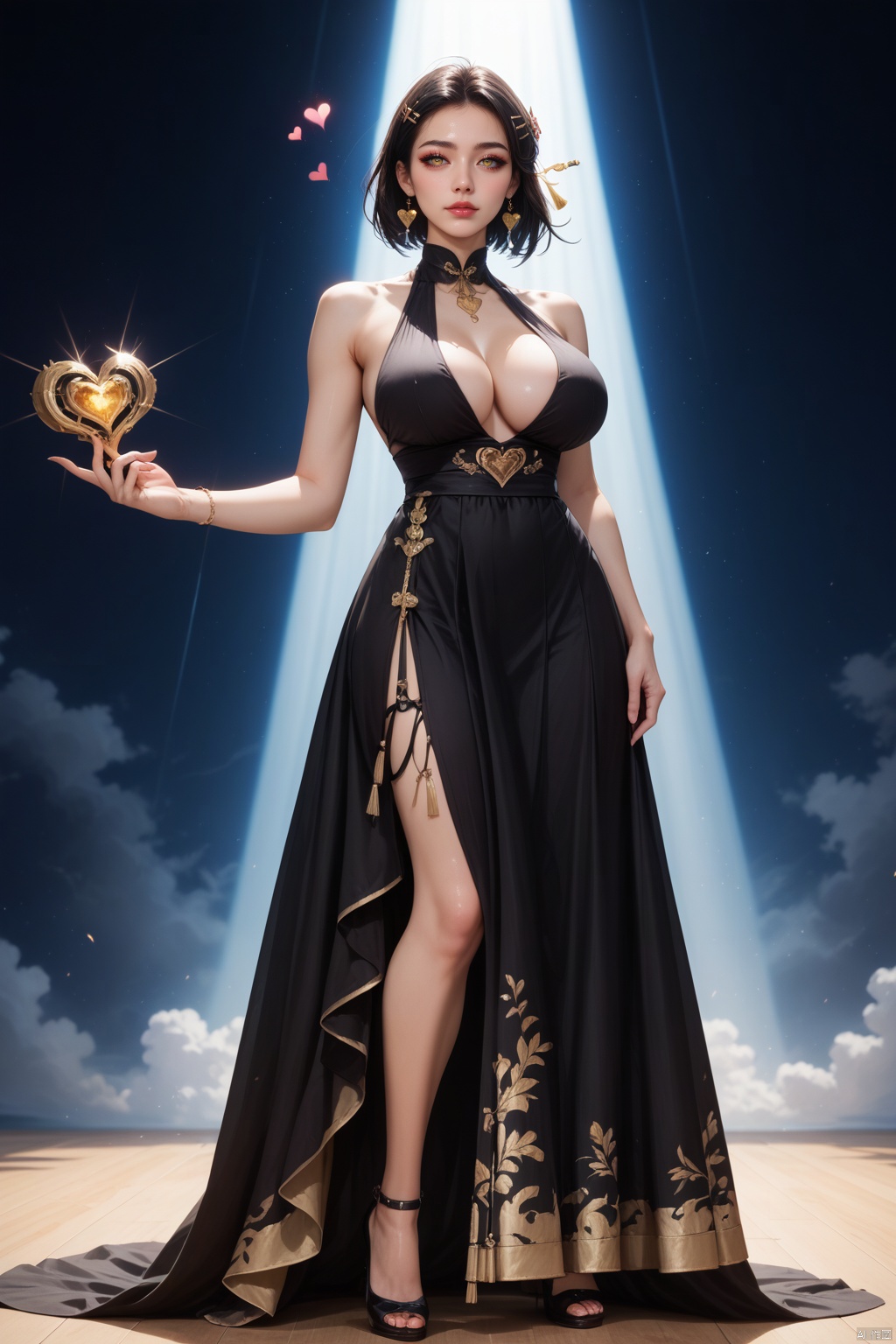 score_9,score_8_up,score_7_up,realistic,best quality, ultra HD quality details,masterpiece,full body,expressive eyes, perfect face,perfect fingers,(floating hearts:1.3),cinematic lighting, 8k,makeup,source_anime,(long eyelashes),shiny skin,hyper detailed, hyper realistic,high resolution,natural lighting,1girl,solo,large breasts, rover-wuwa,black hair,yellow eyes,hairpin,black dress