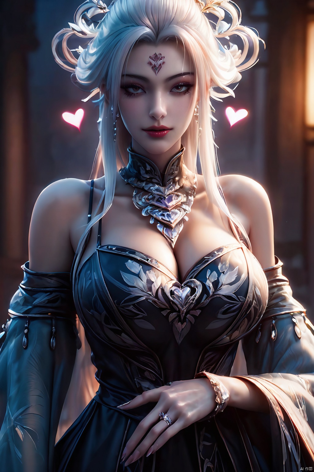 score_9,score_8_up,score_7_up,masterpiece,full body,expressive eyes, perfect face,perfect fingers,(floating hearts:1.3),cinematic lighting, 8k,makeup,source_anime,(long eyelashes),shiny skin,natural lighting,1girl,solo,large breasts,xiaobai,white_hair