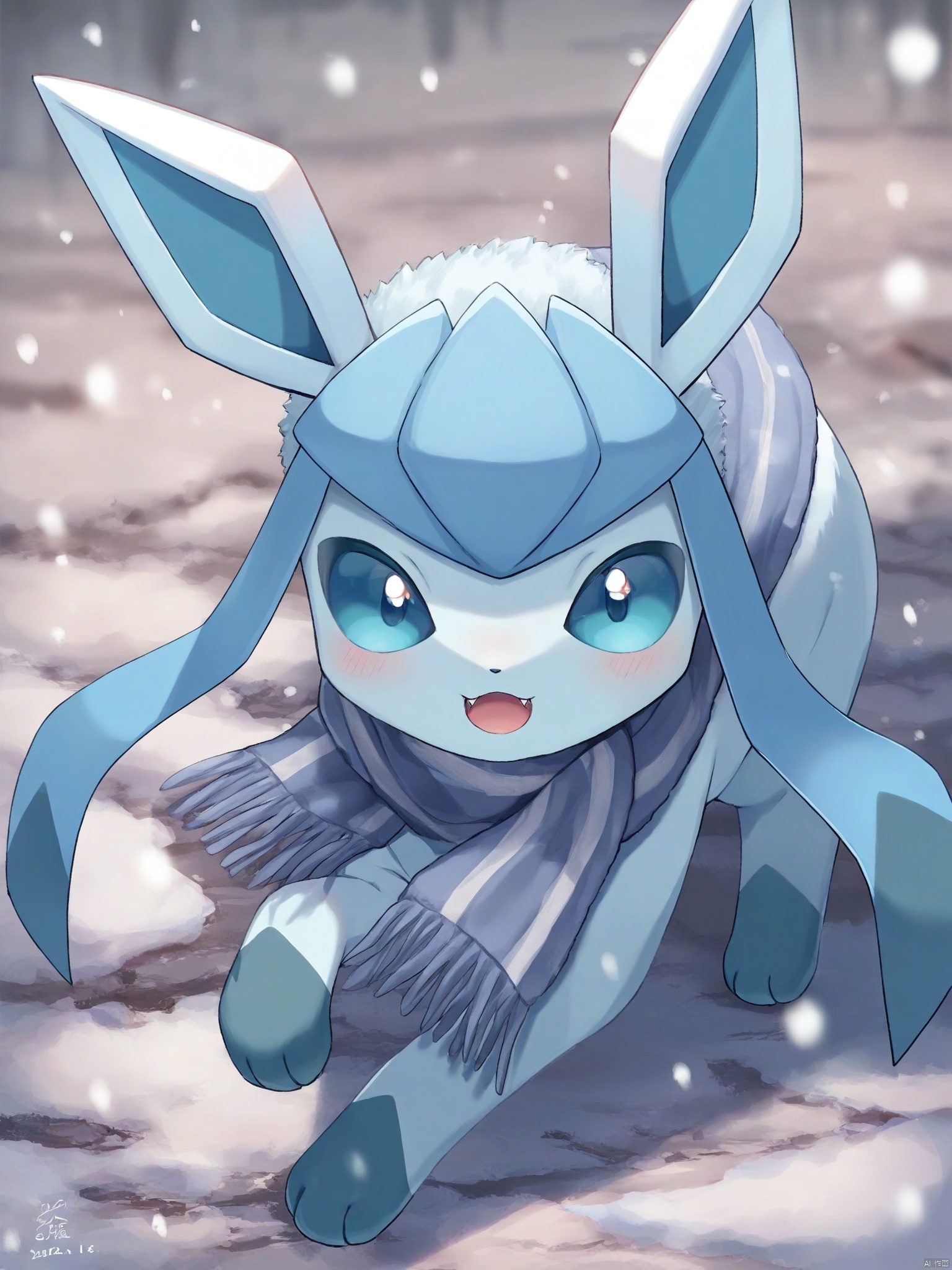 yishijie \(qingxu\),Cute monster,looking at viewer, blush, open mouth, blue eyes, standing, outdoors, tongue, scarf, blurry, dated, no humans, toes, fangs, brown footwear, looking up, snow, snowing, glaceon