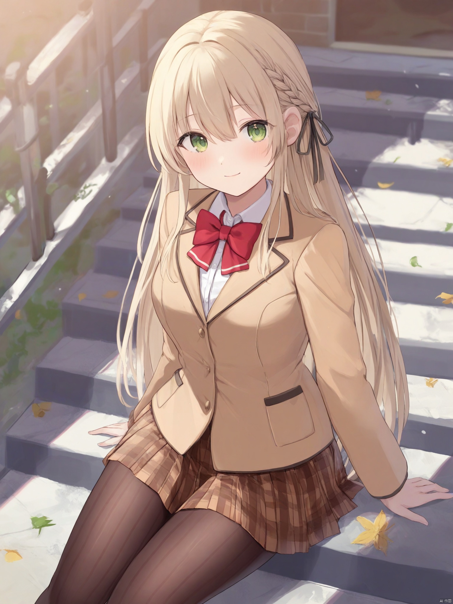 yishijie \(qingxu\),1girl, solo, long hair, breasts, looking at viewer, blush, smile, bangs, skirt, blonde hair, long sleeves, bow, ribbon, sitting, closed mouth, school uniform, green eyes, jacket, hair ribbon, braid, pantyhose, pleated skirt, outdoors, striped, bowtie, red bow, plaid, plaid skirt, red bowtie, french braid, brown skirt, stairs, striped pantyhose