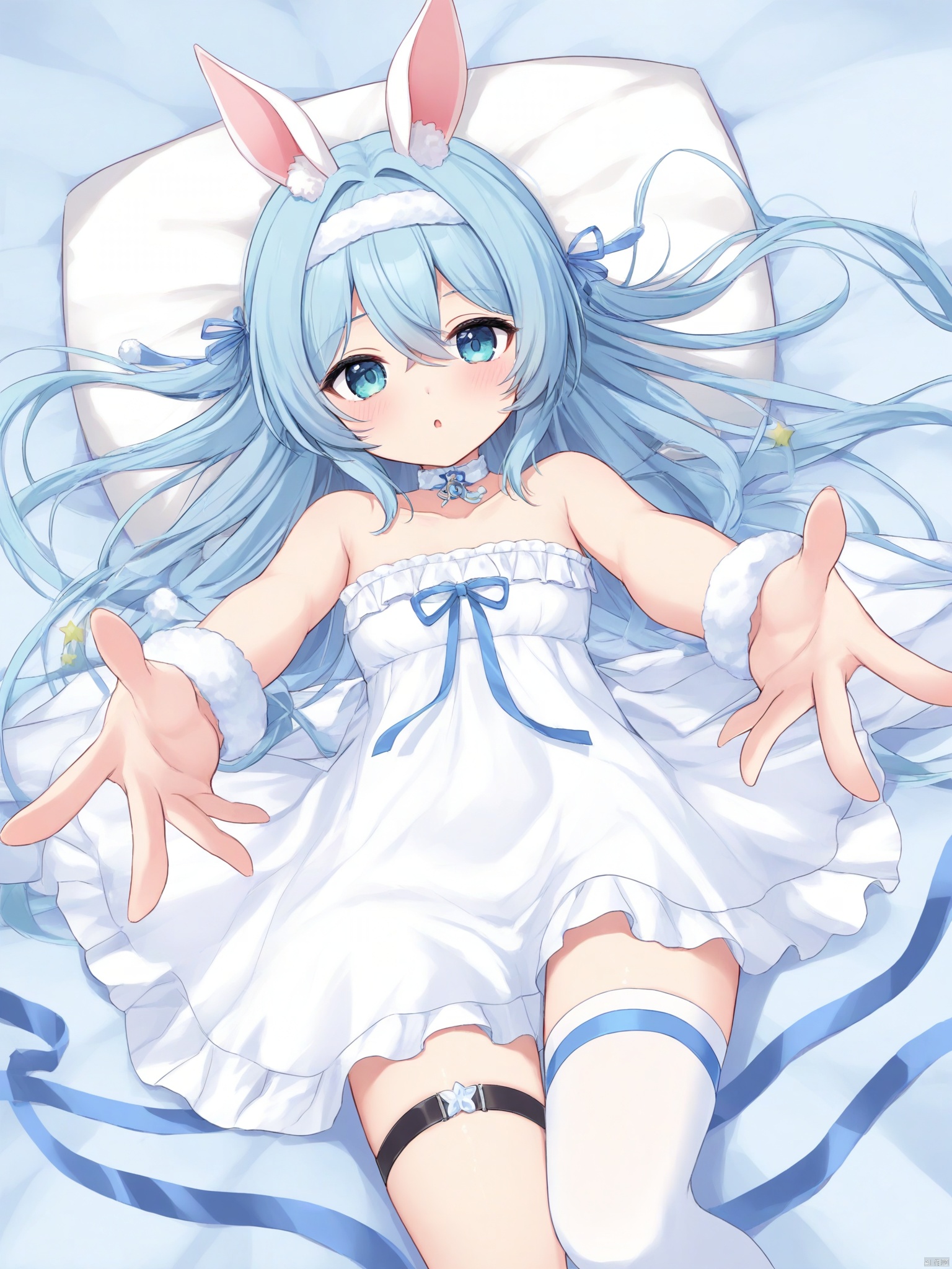 yishijie \(qingxu\),1girl, solo, long hair, looking at viewer, blush, bangs, blue eyes, hair ornament, thighhighs, dress, animal ears, hair between eyes, bare shoulders, very long hair, blue hair, collarbone, hairband, lying, frills, parted lips, on back, white dress, :o, white thighhighs, pillow, strapless, thigh strap, frilled dress, outstretched arms, single thighhigh, strapless dress, white hairband