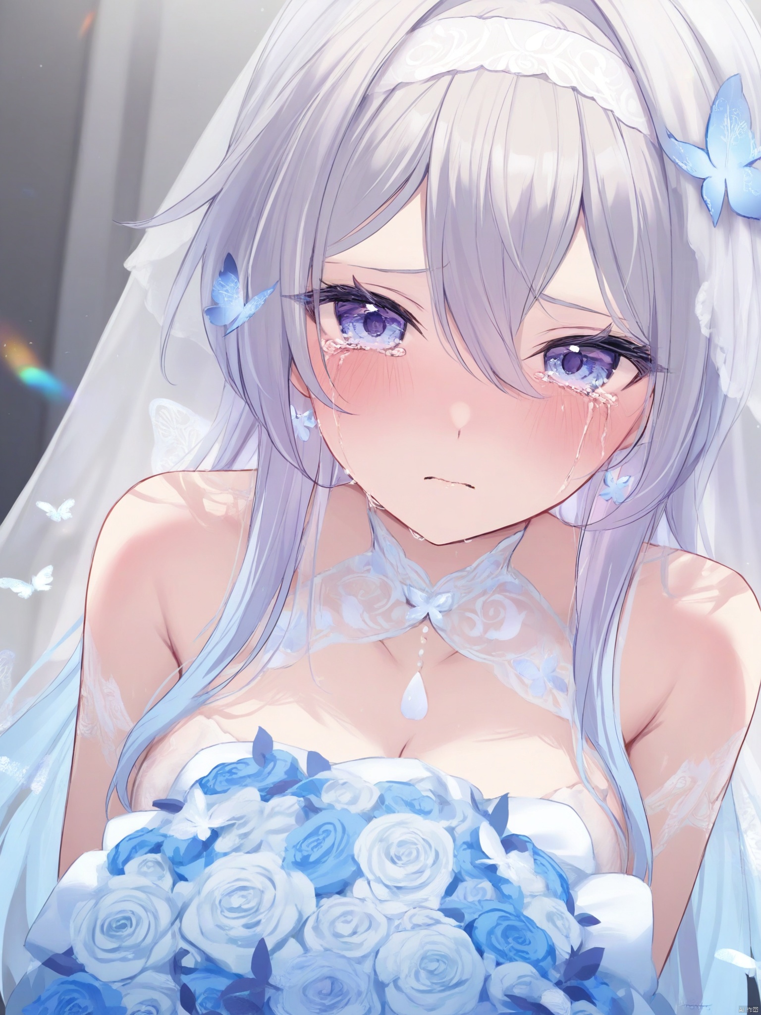 yishijie \(qingxu\),1girl, solo, long hair, breasts, looking at viewer, blush, bangs, hair ornament, dress, holding, cleavage, hair between eyes, bare shoulders, jewelry, medium breasts, blue hair, purple eyes, flower, grey hair, multicolored hair, hairband, tears, white dress, gradient hair, rose, halterneck, ring, crying, bug, butterfly, veil, blue flower, crying with eyes open, white hairband, bouquet, wedding dress, bridal veil, blue rose, holding bouquet, blue butterfly