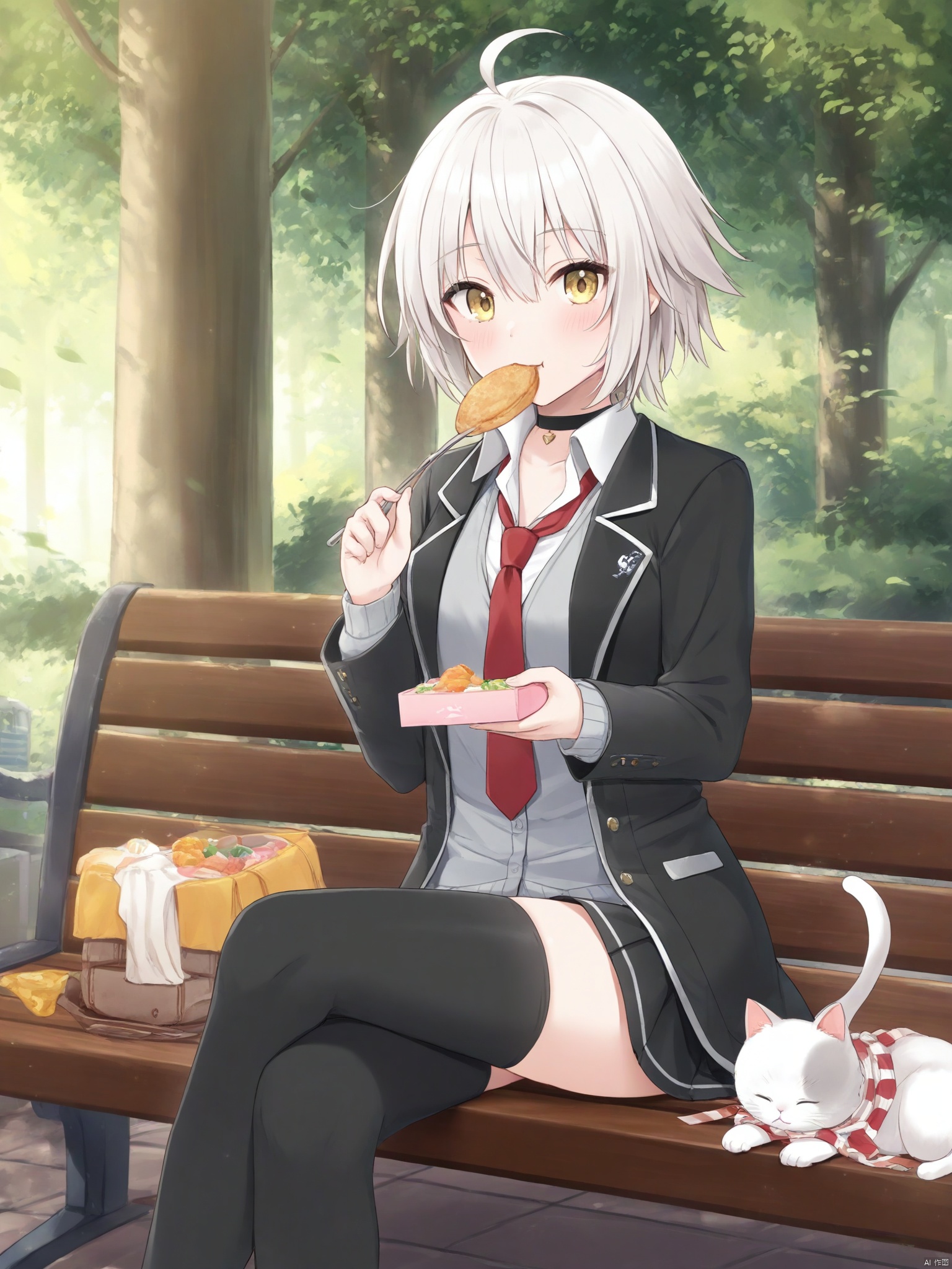 yishijie \(qingxu\),1girl, solo, breasts, looking at viewer, blush, short hair, bangs, skirt, shirt, thighhighs, long sleeves, holding, hair between eyes, sitting, school uniform, jacket, yellow eyes, white shirt, ahoge, white hair, pleated skirt, outdoors, food, open clothes, necktie, choker, day, collared shirt, black thighhighs, black skirt, open jacket, tree, black jacket, animal, black choker, eating, cat, blazer, crossed legs, red necktie, chopsticks, bench, bento, park bench, on bench,