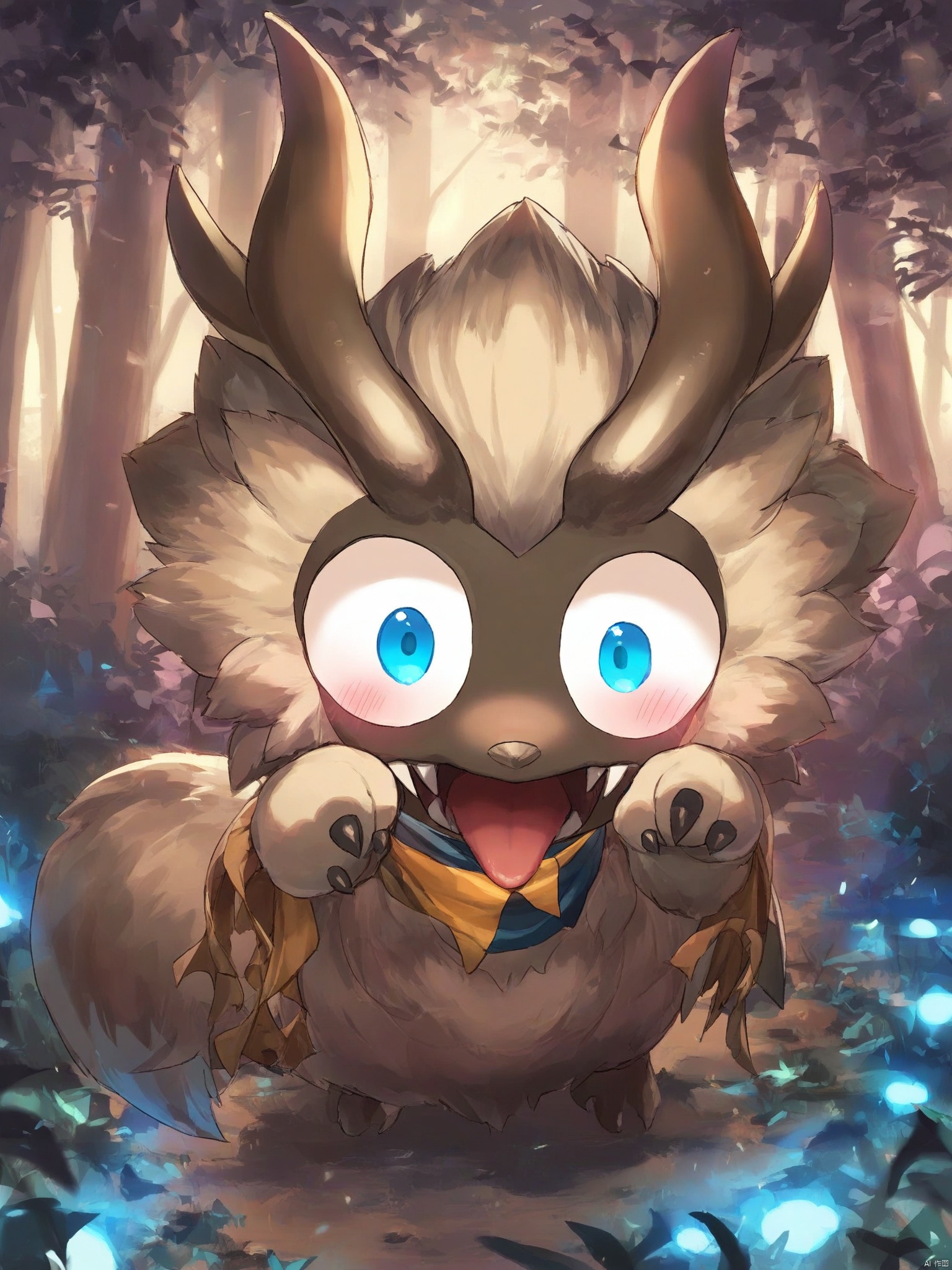 yishijie \(qingxu\),Cute monster,Whimsical anime monster, oversized eyes, fluffy tail, magical forest, glowing plants,no humans,looking at viewer, blush, open mouth, blue eyes, standing, outdoors, tongue, scarf, 