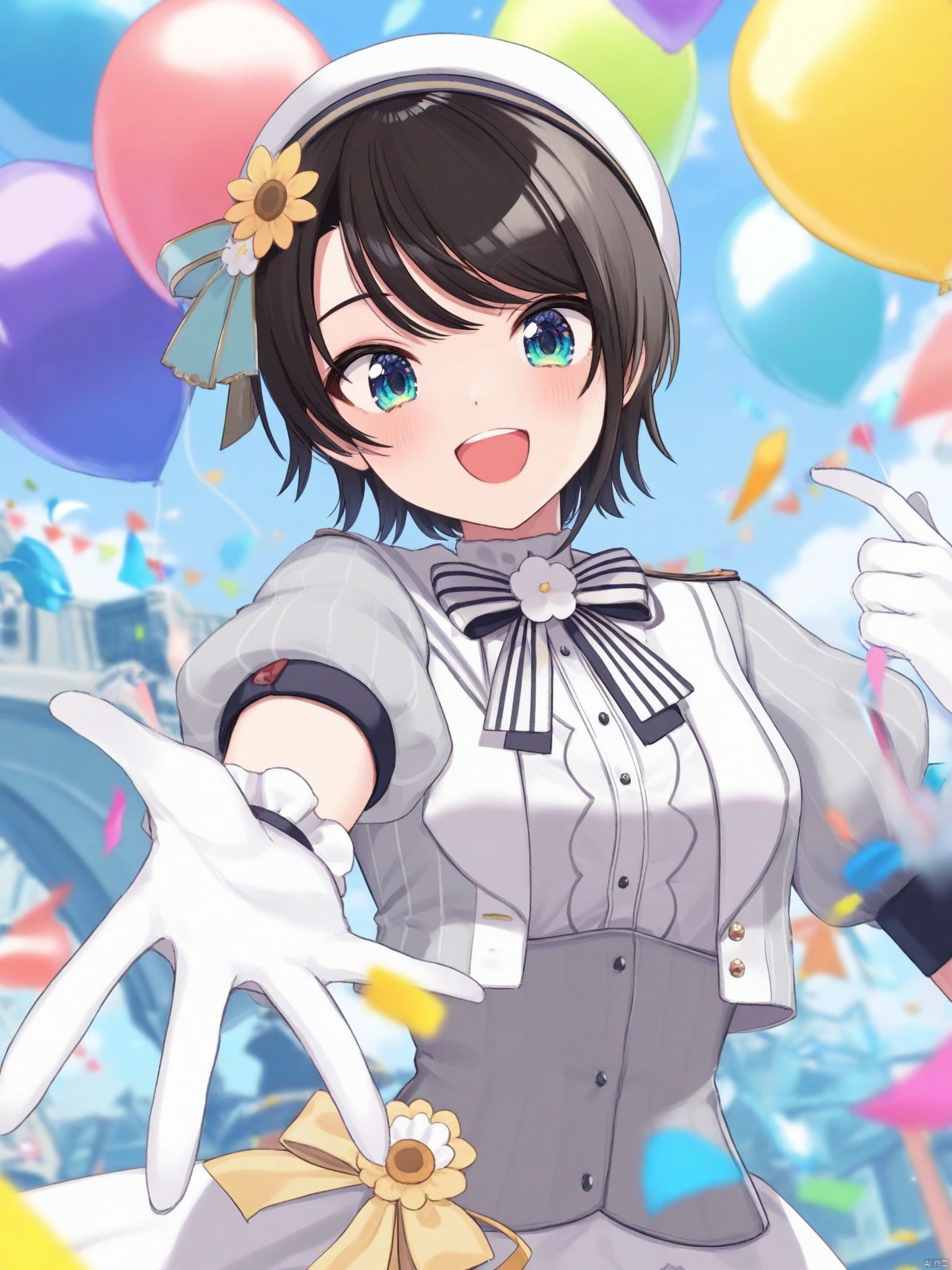 yishijie \(qingxu\),1girl, solo, looking at viewer, blush, smile, short hair, open mouth, bangs, blue eyes, brown hair, shirt, black hair, hair ornament, gloves, hat, dress, bow, flower, short sleeves, :d, food, sky, virtual youtuber, white gloves, hair flower, official alternate costume, blue sky, swept bangs, bird, reaching towards viewer, balloon, duck, oozora subaru