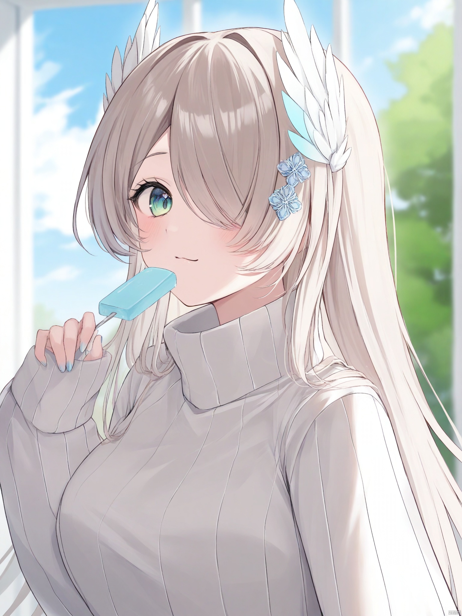 yishijie \(qingxu\),1girl, solo, long hair, breasts, looking at viewer, blush, smile, bangs, large breasts, hair ornament, long sleeves, holding, closed mouth, green eyes, blue hair, upper body, white hair, sky, day, cloud, virtual youtuber, nail polish, hair over one eye, blurry, sweater, sleeves past wrists, :3, blurry background, turtleneck, head wings, blue nails, one eye covered, turtleneck sweater, white sweater, 