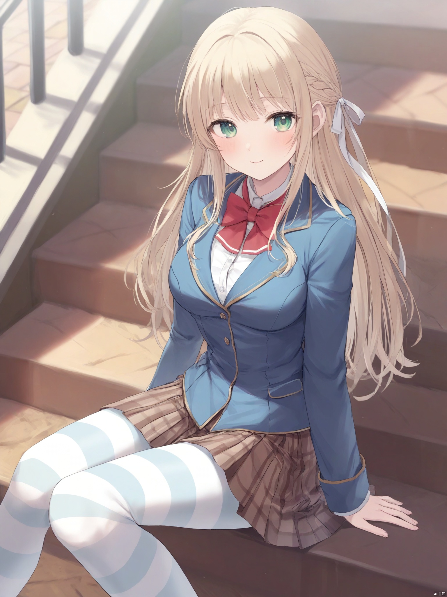 yishijie \(qingxu\),1girl, solo, long hair, breasts, looking at viewer, blush, smile, bangs, skirt, blonde hair, long sleeves, bow, ribbon, sitting, closed mouth, school uniform, green eyes, jacket, hair ribbon, braid, pantyhose, pleated skirt, outdoors, striped, bowtie, red bow, plaid, plaid skirt, red bowtie, french braid, brown skirt, stairs, striped pantyhose