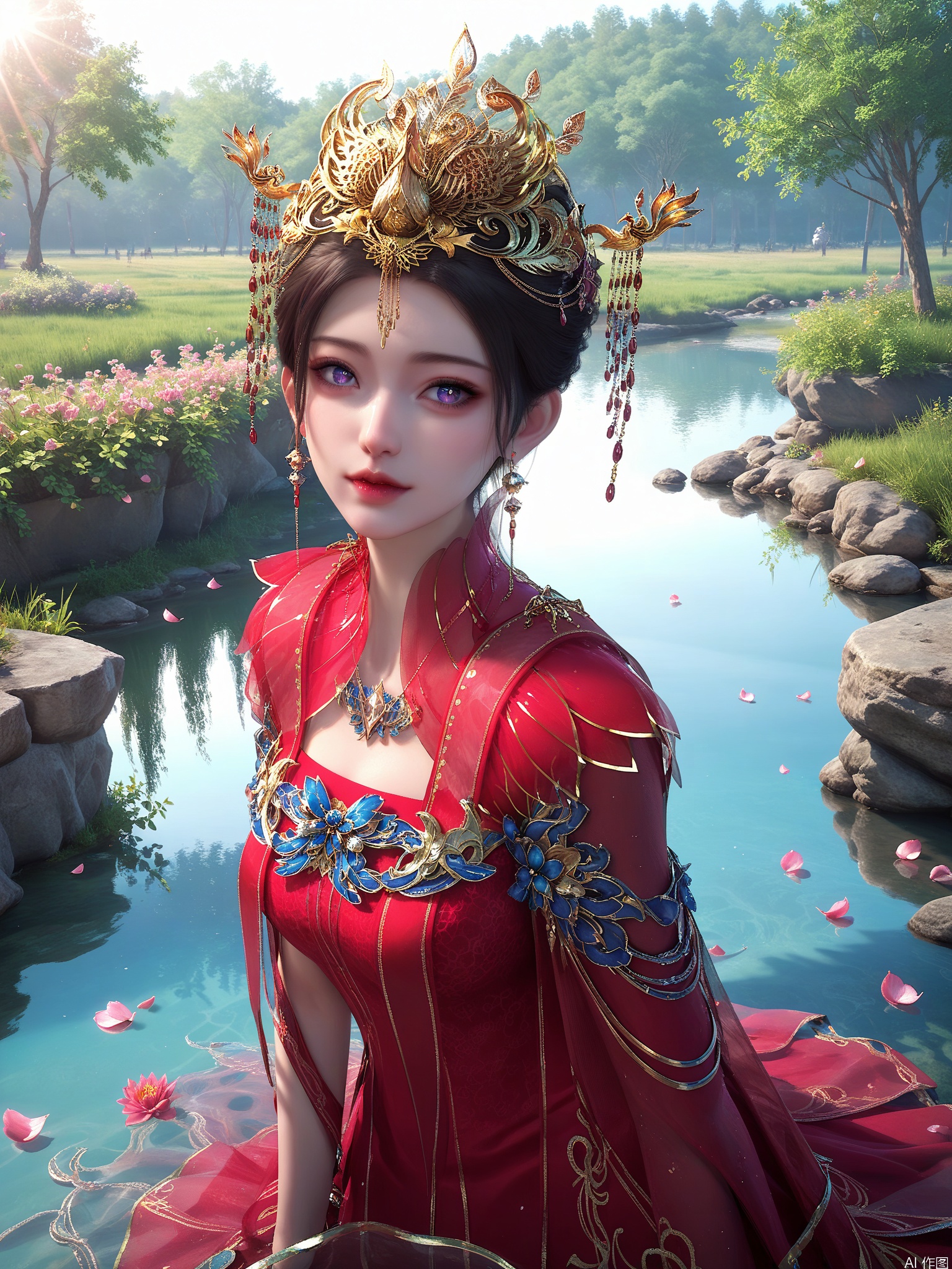 score_9,score_8_up,score_7_up,1girl,looking_at_viewer,realistic,1girl,Vivid Colors,bright environment,sunshine,god light,lake,delicate water surface,shiny skin,shiny hair,reflection,(wariza:1.2),dress,jewelry,flower sea,falling petals,extreme detail description,bright sunlight,bright_pupils,frontal lighting,(upper body:0.5),put one hand on your chest,