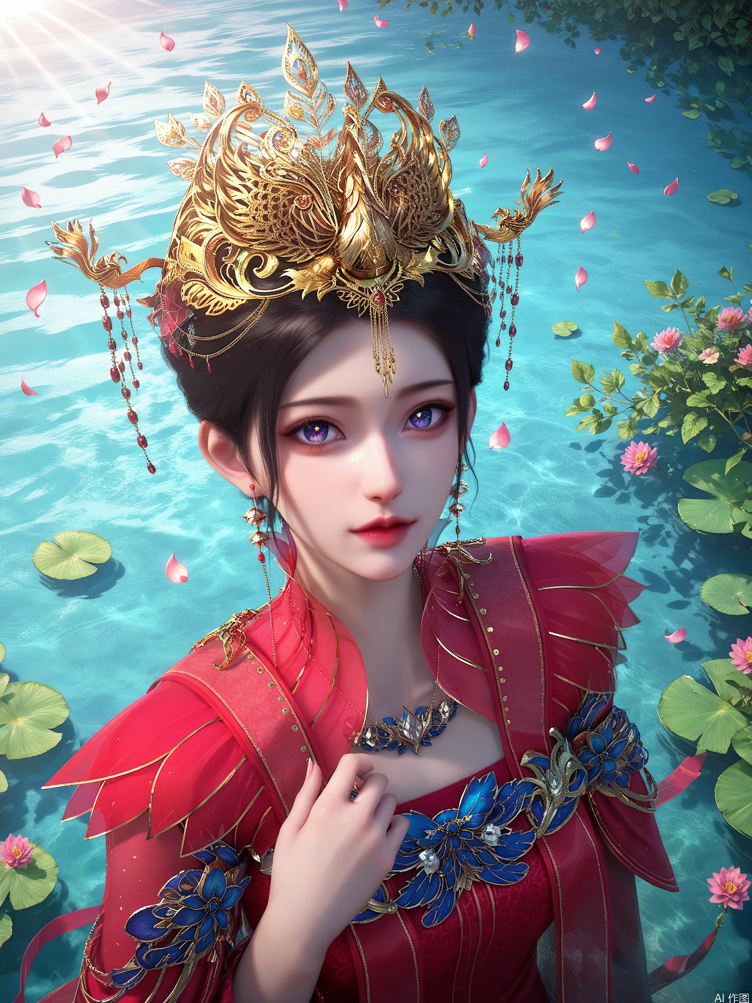 score_9,score_8_up,score_7_up,1girl,looking_at_viewer,realistic,1girl,Vivid Colors,bright environment,sunshine,god light,lake,delicate water surface,shiny skin,shiny hair,reflection,(wariza:1.2),dress,jewelry,flower sea,falling petals,extreme detail description,bright sunlight,bright_pupils,frontal lighting,(upper body:0.5),put one hand on your chest,