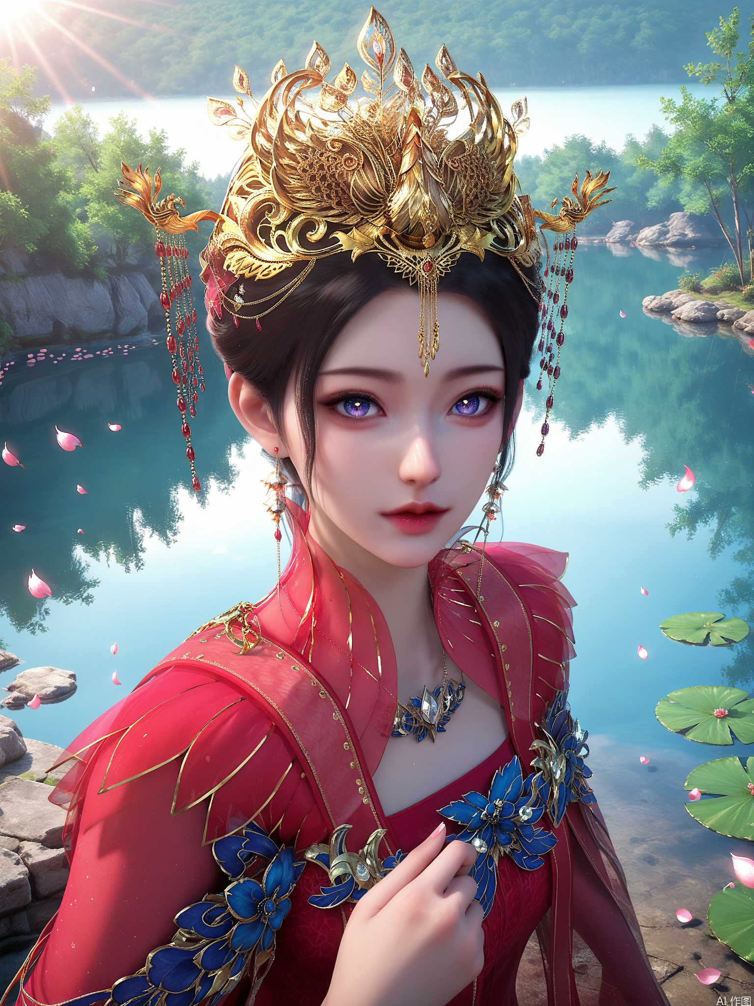 score_9,score_8_up,score_7_up,1girl,looking_at_viewer,realistic,1girl,Vivid Colors,bright environment,sunshine,god light,lake,delicate water surface,shiny skin,shiny hair,reflection,(wariza:1.2),dress,jewelry,flower sea,falling petals,extreme detail description,bright sunlight,bright_pupils,frontal lighting,(upper body:0.5),put one hand on your chest,