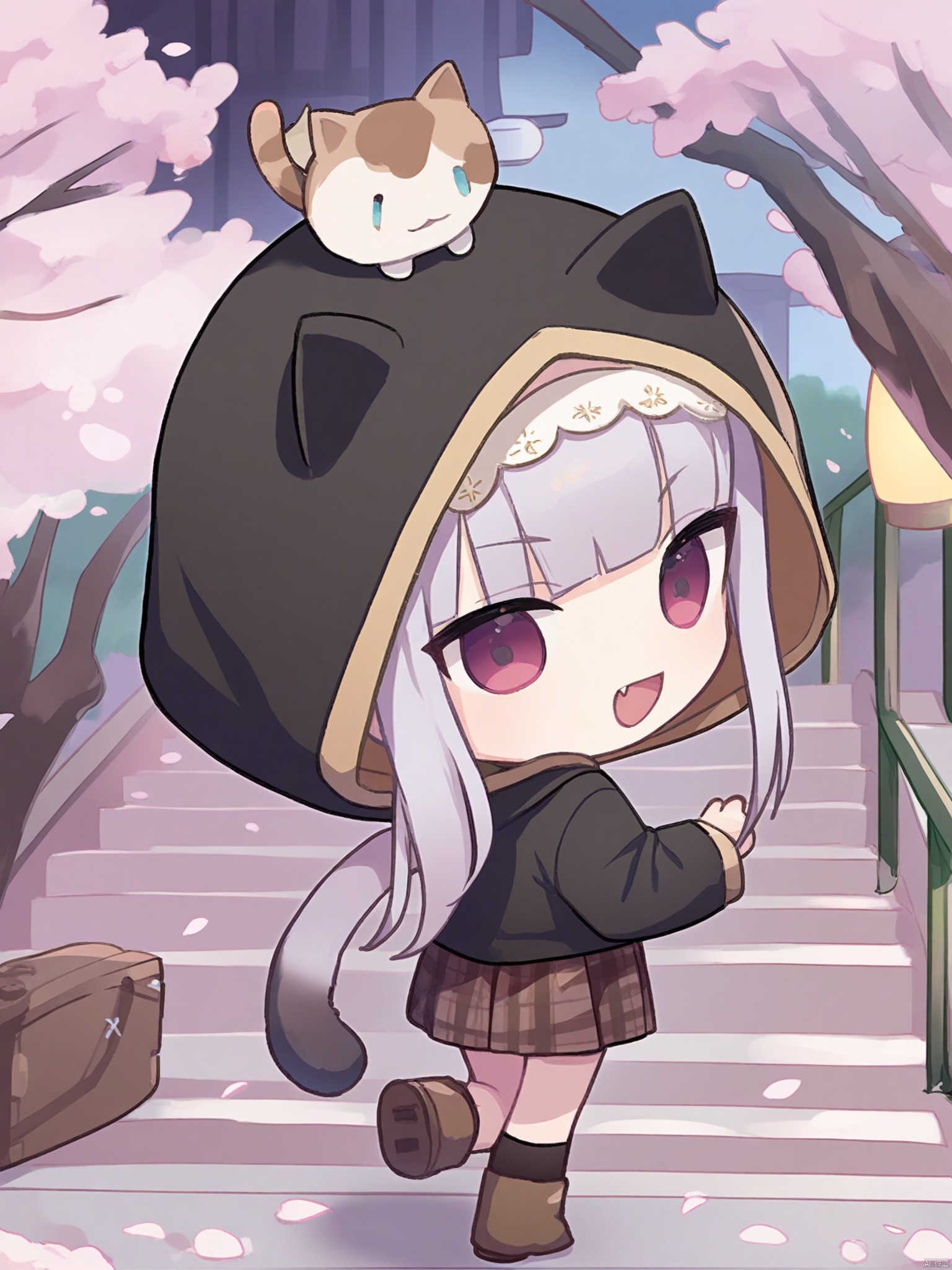 chibi \(cute\),1girl, solo, long hair, looking at viewer, blush, smile, open mouth, bangs, skirt, long sleeves, animal ears, standing, jacket, tail, purple hair, :d, pleated skirt, boots, outdoors, open clothes, socks, fang, looking back, virtual youtuber, cat ears, hood, from behind, open jacket, tree, cat tail, sleeves past wrists, plaid, petals, fake animal ears, animal, plaid skirt, brown footwear, cat, standing on one leg, cherry blossoms, hooded jacket, hood up, brown skirt, lantern, stairs, animal hood, on head, animal on head, cat hood