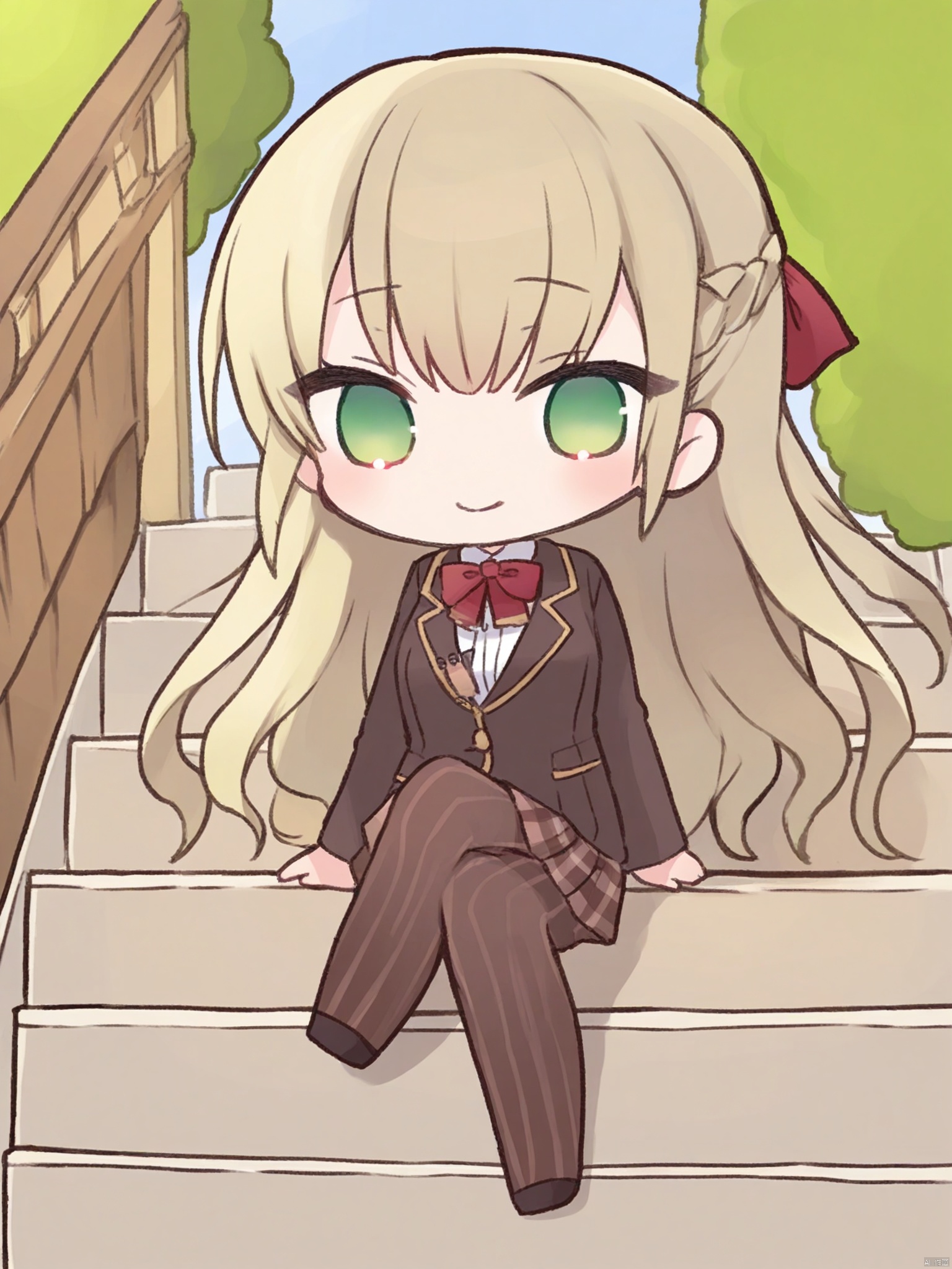 chibi \(cute\),1girl, solo, long hair, breasts, looking at viewer, blush, smile, bangs, skirt, blonde hair, long sleeves, bow, ribbon, sitting, closed mouth, school uniform, green eyes, jacket, hair ribbon, braid, pantyhose, pleated skirt, outdoors, striped, bowtie, red bow, plaid, plaid skirt, red bowtie, french braid, brown skirt, stairs, striped pantyhose