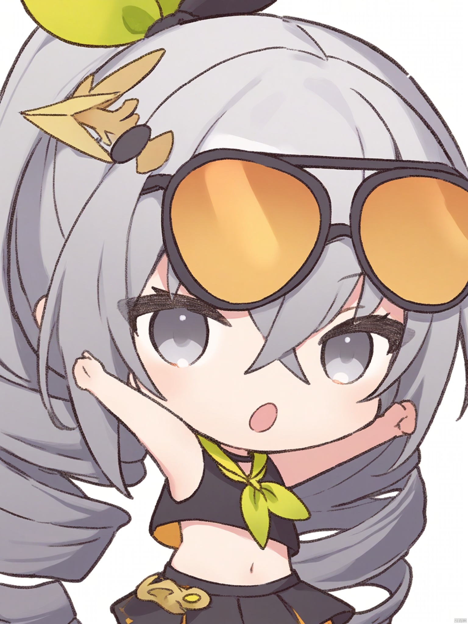 chibi \(cute\),1girl, solo, long hair, looking at viewer, open mouth, skirt, simple background, shirt, white background, ribbon, navel, hair between eyes, bare shoulders, ponytail, grey hair, cowboy shot, pleated skirt, sleeveless, choker, midriff, miniskirt, black skirt, armpits, sailor collar, stomach, arms up, crop top, grey eyes, black shirt, sleeveless shirt, drill hair, sunglasses, eyewear on head, bronya zaychik