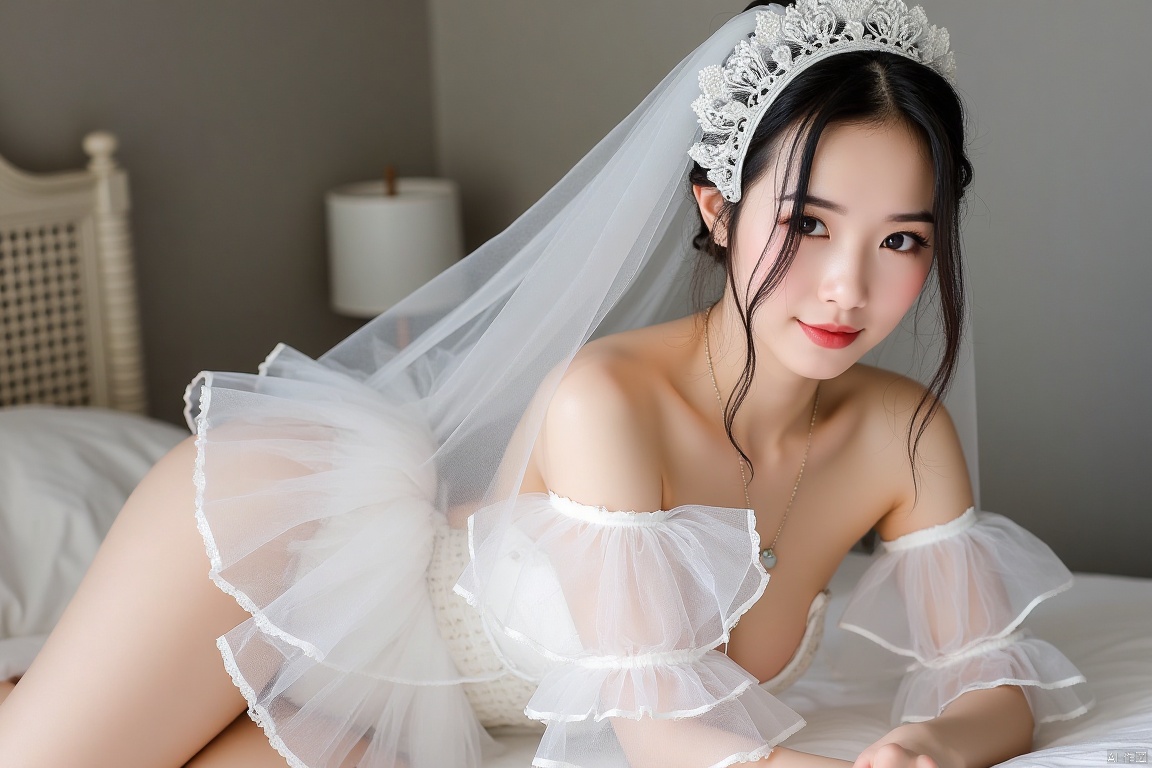 一个新娘,古典少女自然肉色肌肤,浅青丝质薄纱夏衣被溪水完全浸透,半透明布料紧贴玲珑曲线,阳光穿透纱料显现胸部自然起伏与臀部饱满弧度,腰间系带被水流冲开形成动态褶皱,赤足陷入长满耳叶苔的卵石间,脚踝缠绕松脱的浅青纱带,远处沙石小路蜿蜒至褪色竹亭,水面倒影中可见背部湿纱吸附的肩胛骨轮廓,8K真实皮肤肌理（毛孔/绒毛/运动后红晕）,布料透光率随水深梯度变化,柳叶卡在卵石缝隙间,芦苇丛挂着晨露未消的蛛网