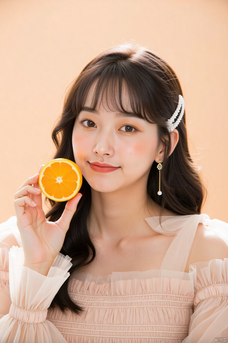 1girl, solo, long hair, looking at viewer, smile, bangs, shirt, black hair, hair ornament, long sleeves, dress, holding, brown eyes, jewelry, closed mouth, white shirt, upper body, earrings, food, lips, fruit, holding food, realistic, holding fruit, orange \(fruit\), lemon