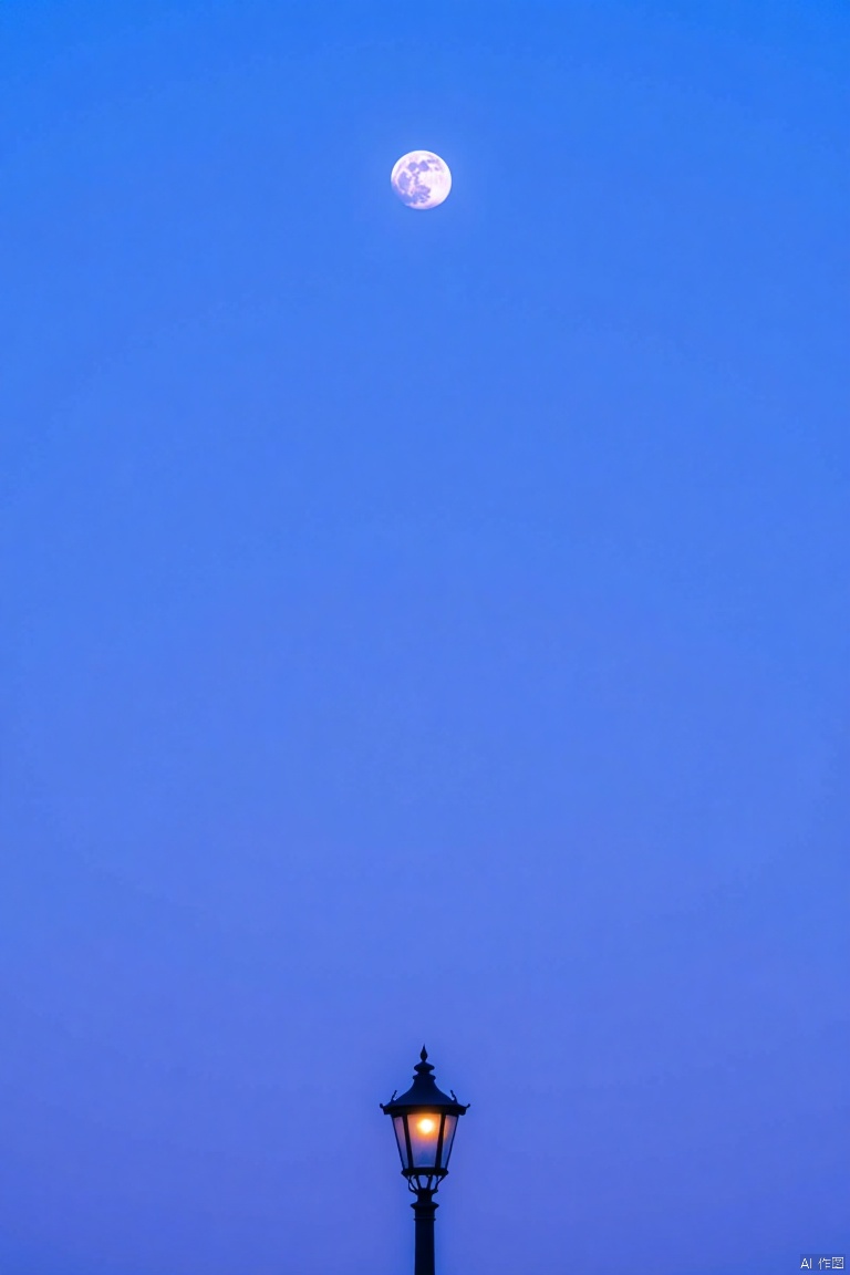simple background, sky, gradient, gradient background, no humans, night, blue background, moon, full moon, lantern, lamp, lamppost