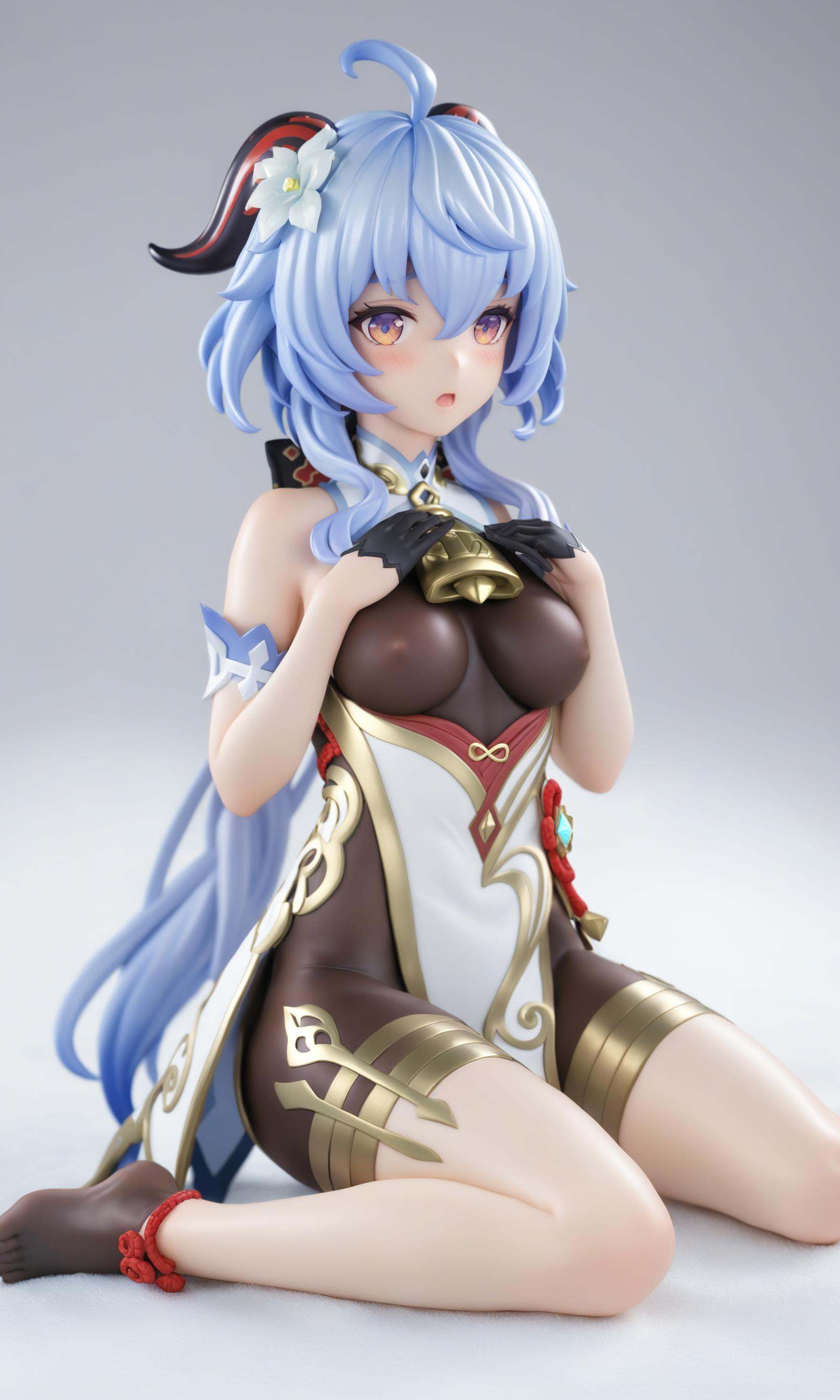 figure,masterpiece,best quality,ganyu \(twilight blossom\),ganyu \(genshin impact\),1girl,solo,vision \(genshin impact\),looking at viewer,white background,hair flower,black gloves,dress,alternate costume,bell,blush,sitting,detached sleeves,simple background,bare shoulders,open mouth,white flower,
