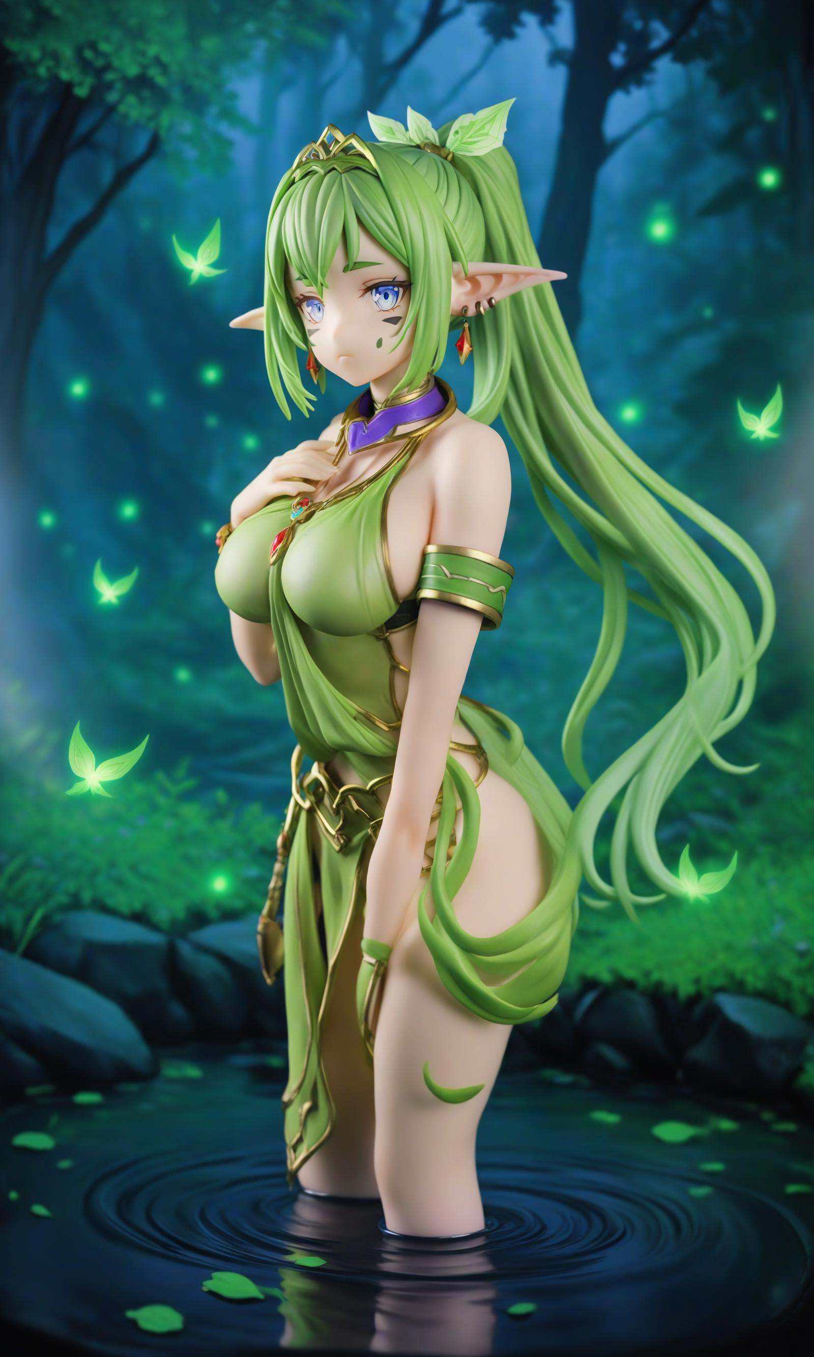 1girl,armband,armlet,blue eyes,bracelet,bush,closed mouth,collar,colored skin,ear piercing,earrings,elf,facial mark,feathers,fireflies,foliage,gem,glowing,glowing eyes,green hair,hair ornament,hand on own chest,jewelry,large breasts,leaf,long eyebrows,long hair,moonlight,nature,night elf (warcraft),night,nose,outdoors,pendant,piercing,pointy ears,ponytail,purple skin,realistic,solo,standing,tiara,toned,wading,waves,