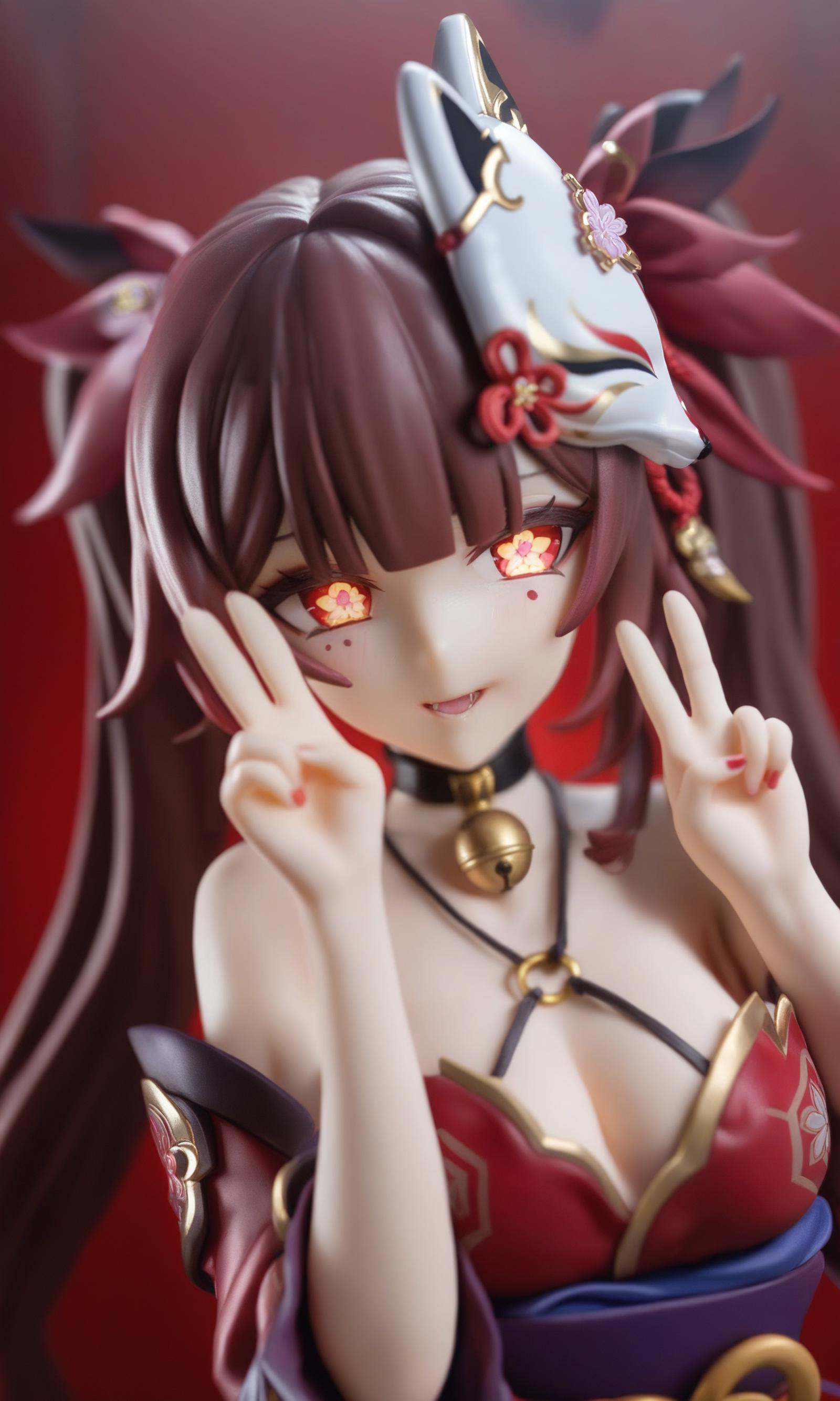 figure,sparkle \(honkai: star rail\),1girl,upper body,amazing cinematic,sparklehsr,evil,menacing,glowing eyes,yandere,holding face,red gold-trimmed kimono,o-ring halterneck,hair ornaments,well-drawn hands,v,mole under both eyes,red string,flower tattoo,neck bell,red fox mask on head,butterfly-shaped pupils,brown gradient hair,ominous red lighting,scary,spider lily flowers,masterpiece,high quality,<lora:sparkle_v3:1>,