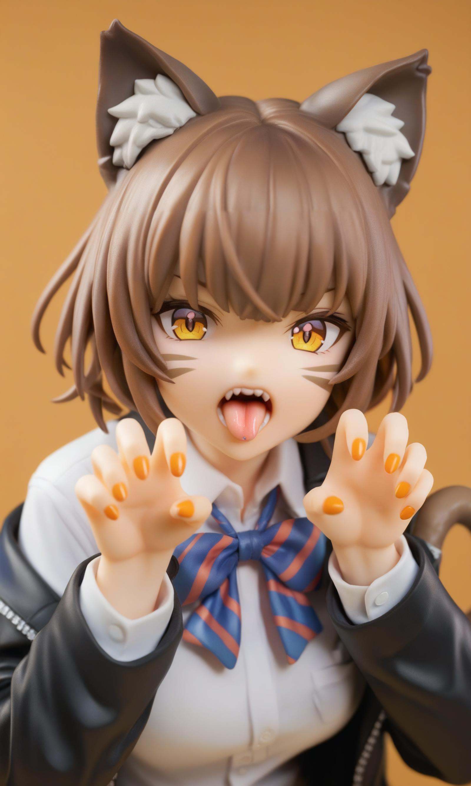 miaokapvc,1girl,solo,animal ears,bow,teeth,jacket,tail,open mouth,brown hair,orange background,bowtie,orange nails,simple background,cat ears,orange eyes,blue bow,animal ear fluff,cat tail,looking at viewer,upper body,shirt,school uniform,hood,striped bow,striped,white shirt,black jacket,blue bowtie,fingernails,long sleeves,cat girl,bangs,fangs,collared shirt,striped bowtie,short hair,tongue,hoodie,sharp teeth,facial mark,claw pose,best quality,ultra detailed,realistic,shiny_skin,
