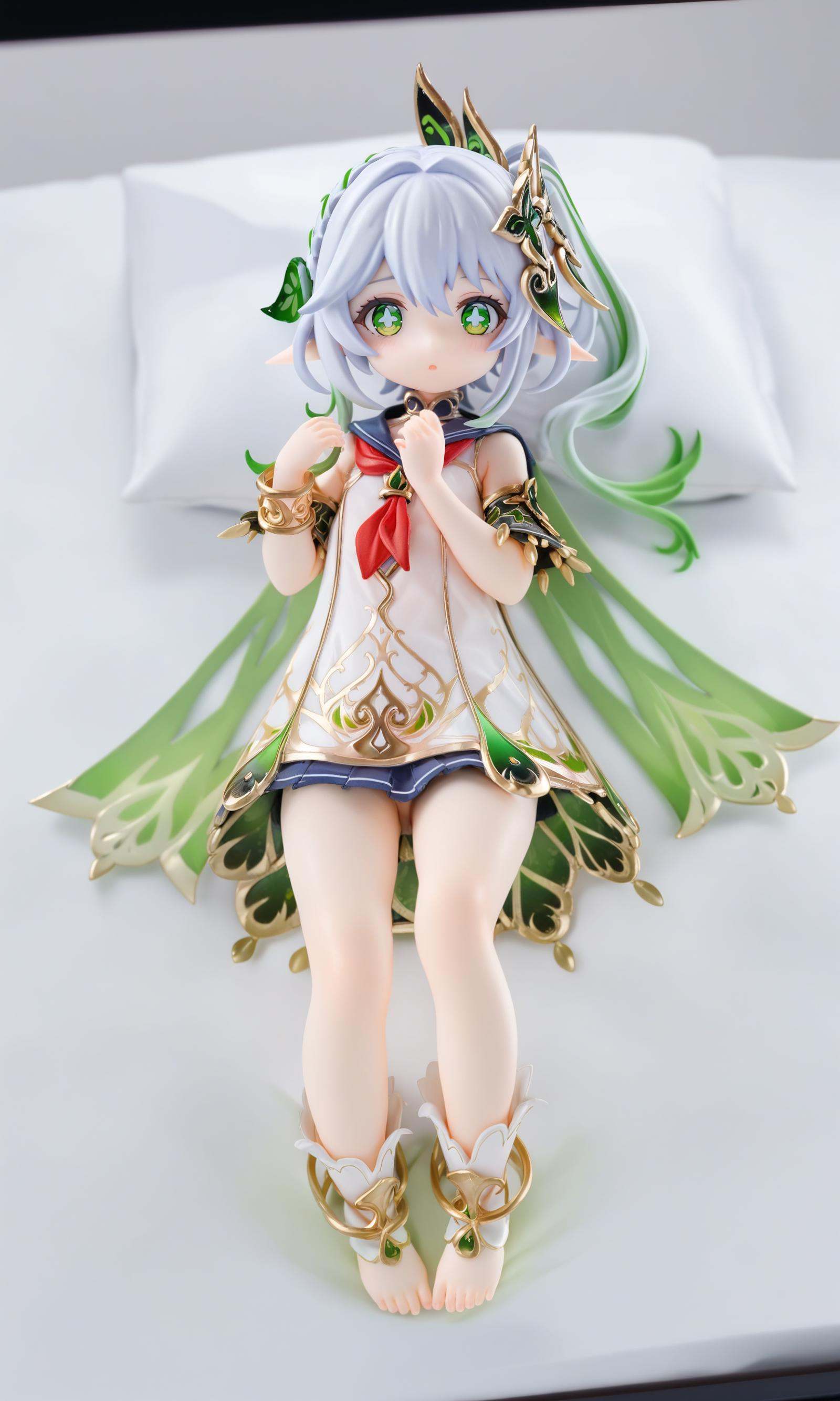 miaokapvc,best quality,masterpiece,(shiny_skin:1.2),highres,detailed,perfect anatomy,perfect fingers,perfect feet,nahida,(serafuku:1.3),cowboy shot,pleated skirt,white shirt,red neckerchief,lying in bed,oversized shirt,sleeve cuffs,blue sailor collar,