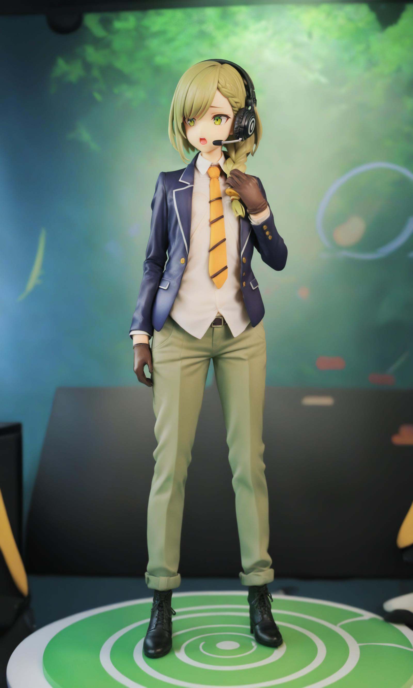 miaokapvc,best quality,masterpiece,(shiny_skin:1.1),highres,detailed,(sharp edges),boyish woman standing and singing,(solo),gradient hair,(olive hair:1.4),(asymmetrical inverted bob and braid:1.1),(orange asymmetrical bangs:1.2),yellowish green eyes,edge up eyes,(flat chest:1.2),(wearing blazer, shirt and tie, trousers, gloves, (ankle boots:0.7), Wearing Headphones,  on stage, from front,  Target tokens: olive, orange, yellowish green, black, white,  Cutoff weight:1,