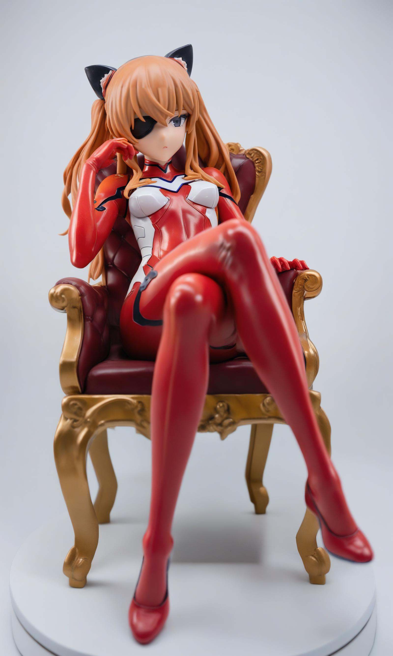 miaokapvc,1girl,souryuu asuka langley,neon genesis evangelion,rebuild of evangelion,lance of longinus,cat hat,plugsuit,pilot suit,red bodysuit,sitting,crossed legs,black eye patch,throne,looking down,from bottom,looking at viewer,outdoors,masterpiece,best quality,very aesthetic,absurdres,