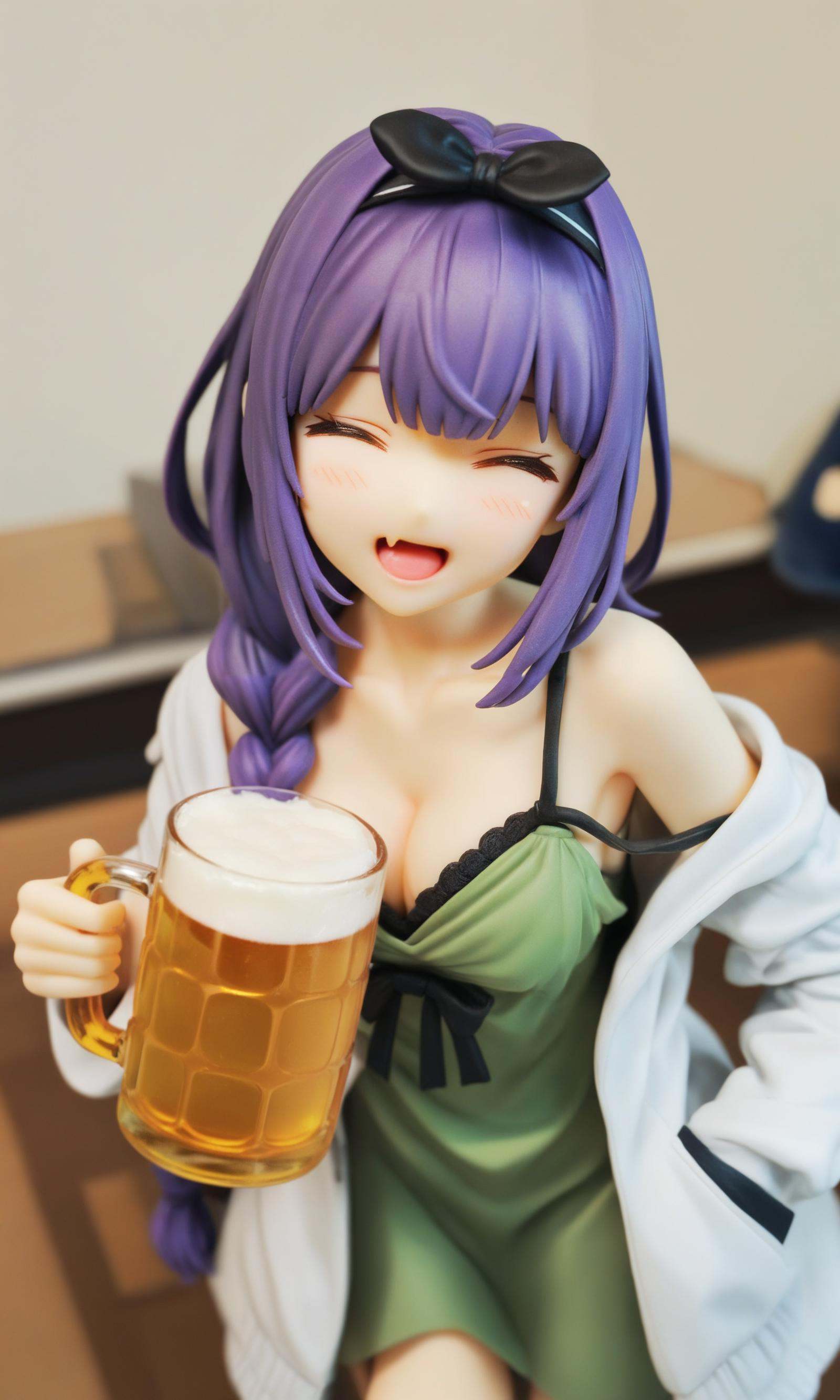 miaokapvc,figure,kikuri1 1girl,solo,closed eyes,breasts,green dress,braid,jacket,holding,fang,alcohol,smile,white jacket,beer,purple hair,bangs,long hair,dress,open jacket,blush,cup,open mouth,open clothes,off shoulder,single braid,:d,skin fang,hair bow,blunt bangs,holding cup,strap slip,long sleeves,small breasts,cleavage,bow,mug,indoors,collarbone,bare shoulders,^_^,black bow,hair over shoulder,drunk,spaghetti strap,two-tone jacket,sleeveless,facing viewer,beer mug,cowboy shot,hair intakes,best quality,ultra detailed,realistic,shiny_skin,