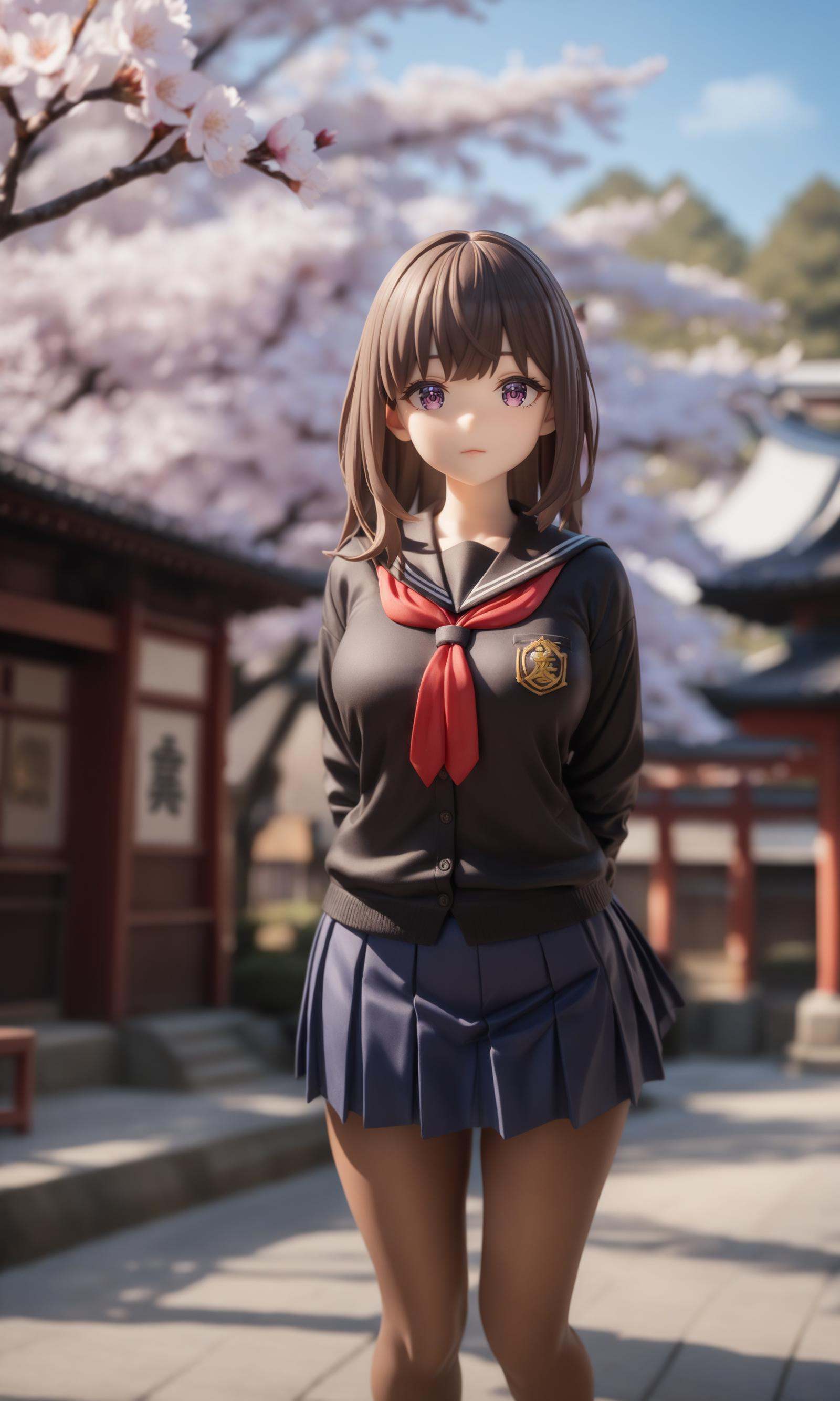 surreal,amazing quality,masterpiece,best quality,awesome,inspiring,cinematic composition,soft shadows,Film grain,shallow depth of field,highly detailed,high budget,cinemascope,epic,OverallDetail,color graded cinematic,atmospheric lighting,imperfections,natural,shallow dof, 1girl, solo, looking at viewer, school uniform, black serafuku, black shirt, long sleeves, outdoors, arms behind back, pleated skirt, blue skirt, cardigan, school bag, pantyhose, shrine, east asian architecture, tree, cherry blossoms